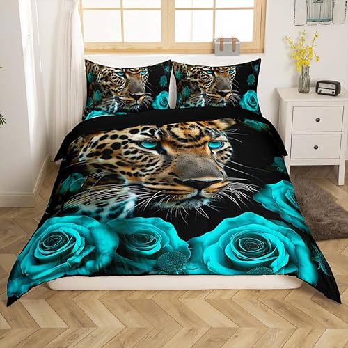 Miniatura 3 de Juego de ropa de cama de leopardo, funda de edredón turquesa y verde azulado para hombres y mujeres, funda de edredón con estampado de guepardo,