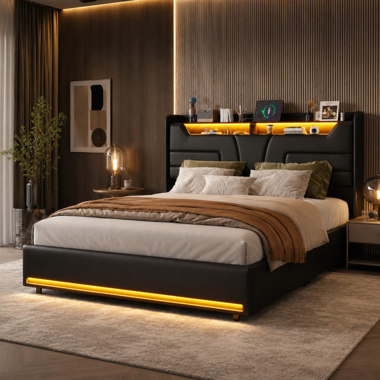 Letto Matrimoniale 160x200 cm con LED RGB, Testiera Imbottita Nero PU, Struttura a Stecche Rinforzata, Contenitore ad Apertura Gas e USB, Senza Rete Elasticizzata Richiesta (Nero PU, 160x200)