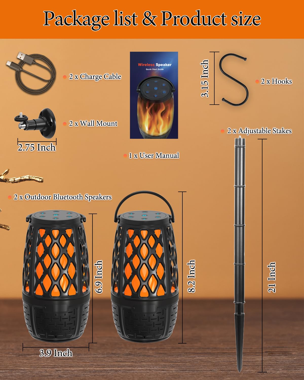 2 Pack LED Flame Outdoor Bluetooth Speaker, Unique Gifts for Men, IPX6 Waterproof Tiki Torch Atmosphere Flame Speaker for Party Patio Garden, Outdoor Speakers with Stake, Hook, Wall Mount (2 Pack)