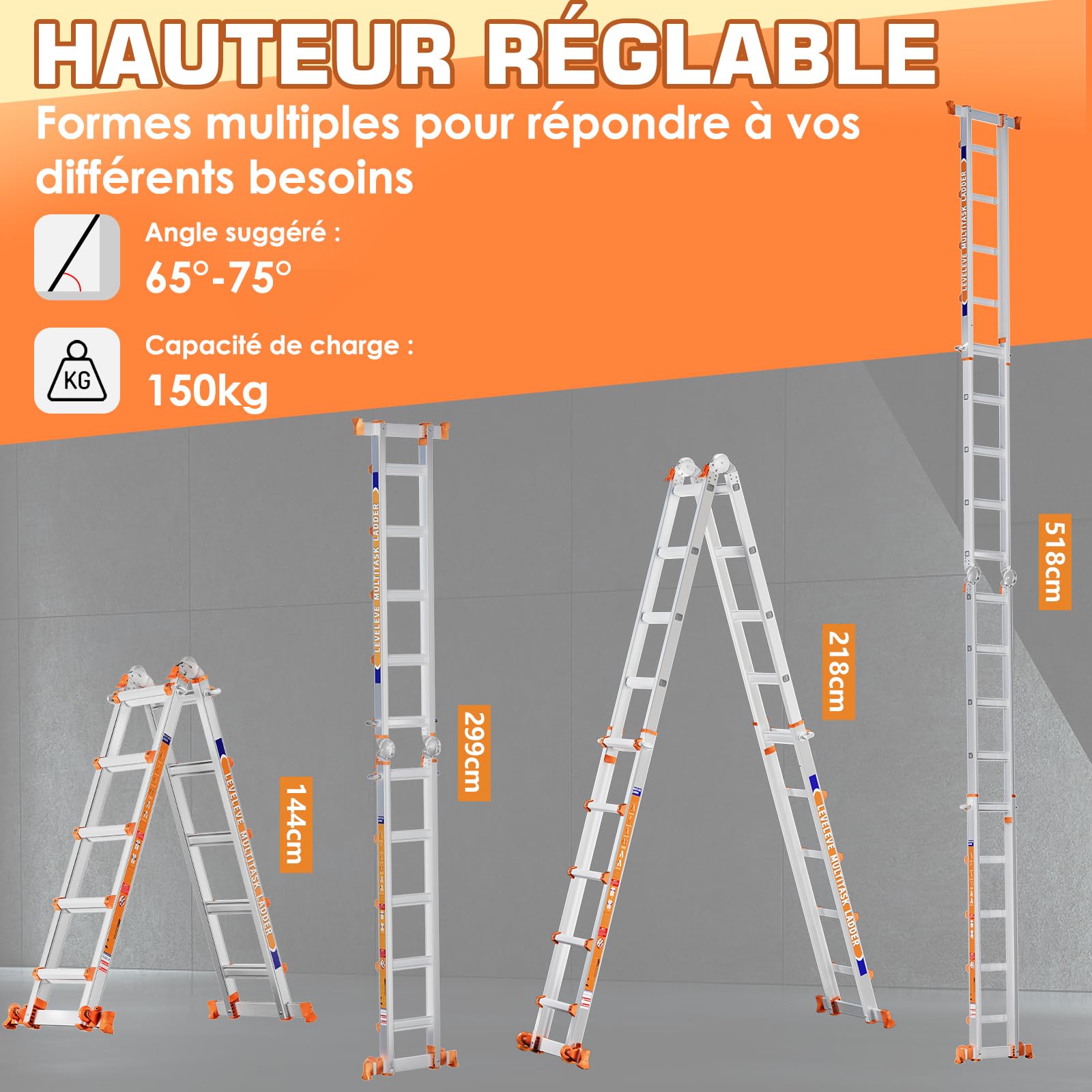 Échelle Polyvalente à 5 Niveaux,5,18 m, avec Tige stabilisatrice et Roues, capacité de Charge 150 kg, échelle de sécurité a pour échelles, Maison intérieure et extérieure, Toit