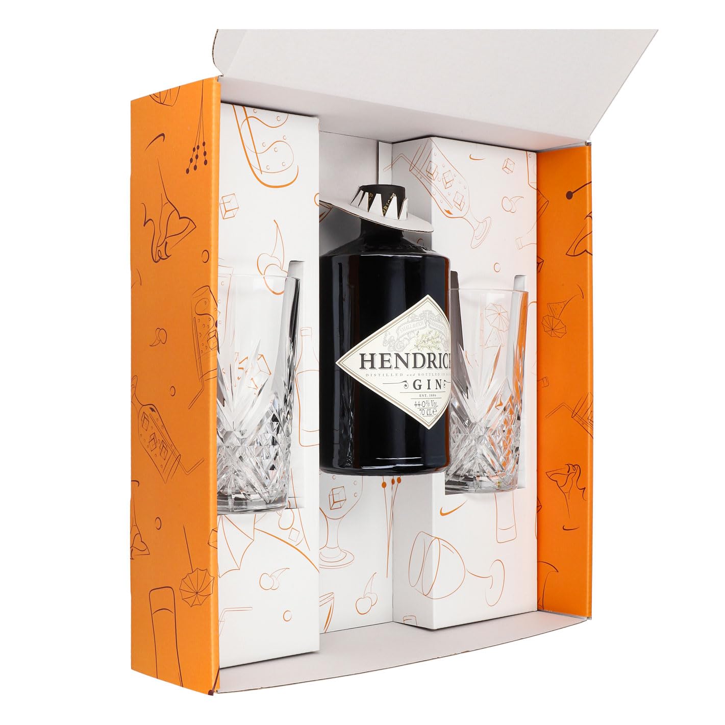 Sipply Geschenkset 3-teilig mit 2 Longdrinkgläser Relief und 1 Flasche Hendricks Gin 0,7l 44,0% Vol. | mit Geschenkverpackung: Orange | Geschenk für Frauen Männer Papa Freundin zu Weihnachten Ostern