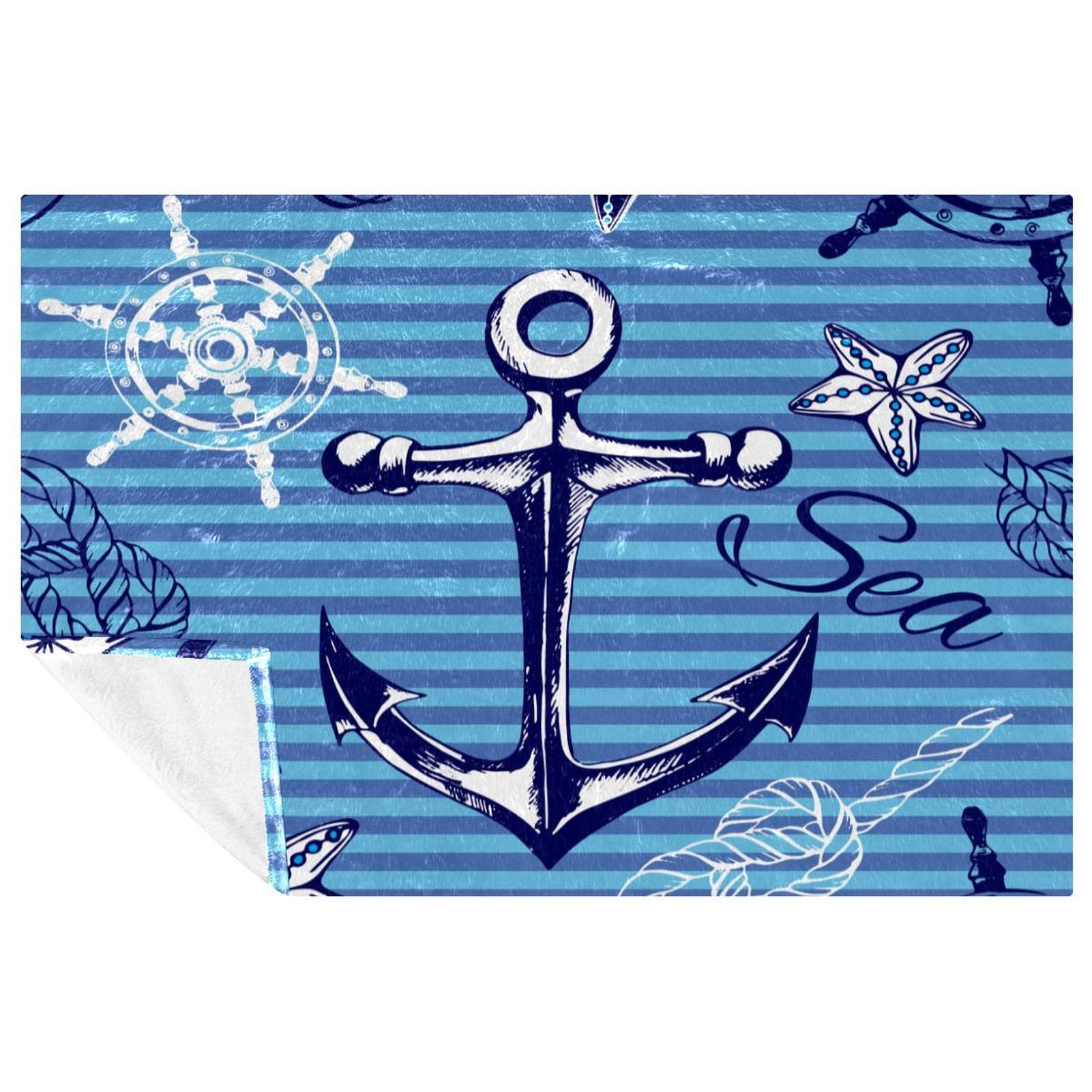 Couverture lit et canapé motif étoile de mer bleu et blanc jeté de plage 150x100