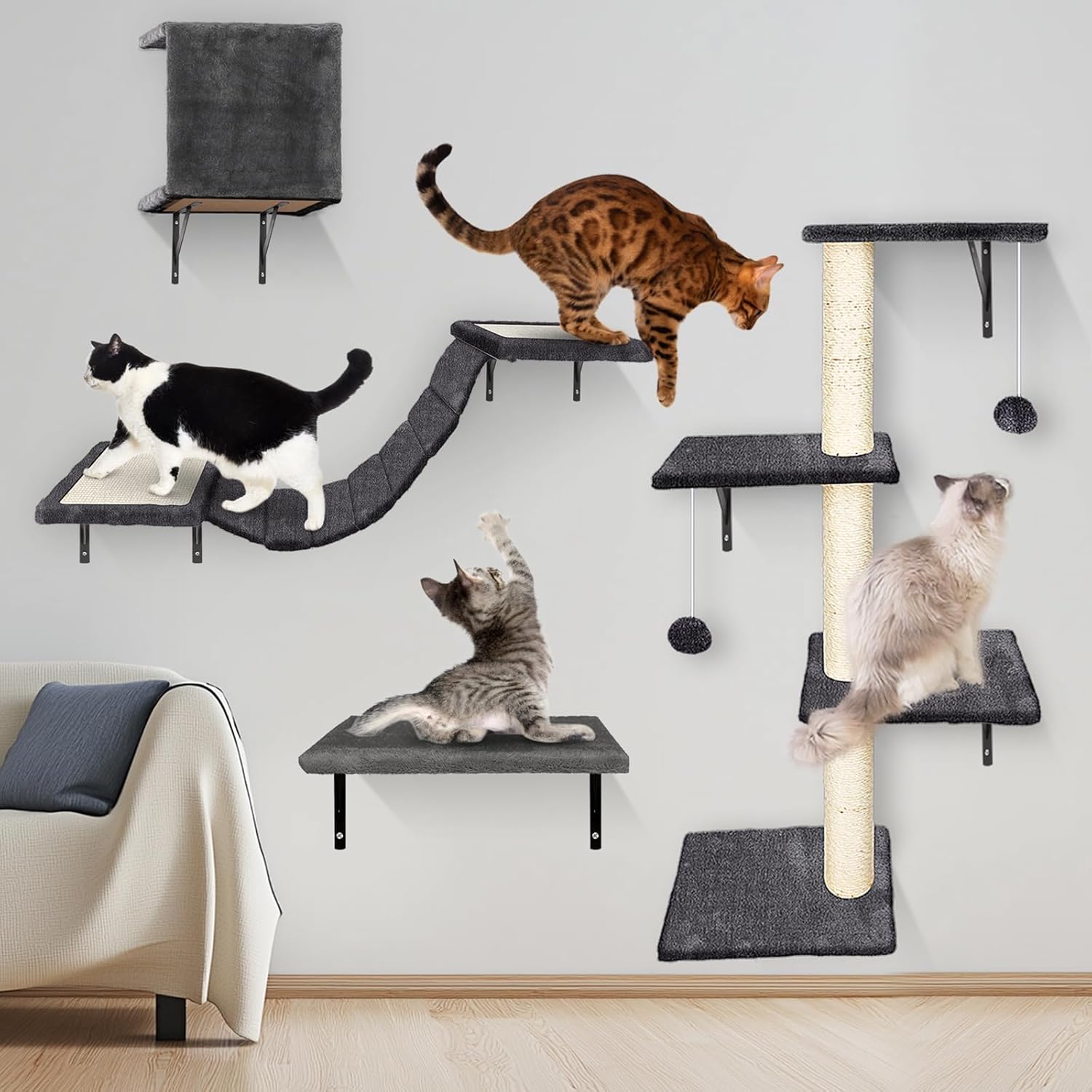 MASTERTOP Cat Climbing Frame Set, 4 in 1 Stable Cat Wall Furniture Set, Cat Tree for Indoor, Cats Wall Shelves with Cats Scratching Posts, 4 Steps Kitten Ladder, Play Towers, Shelf and House – Grey