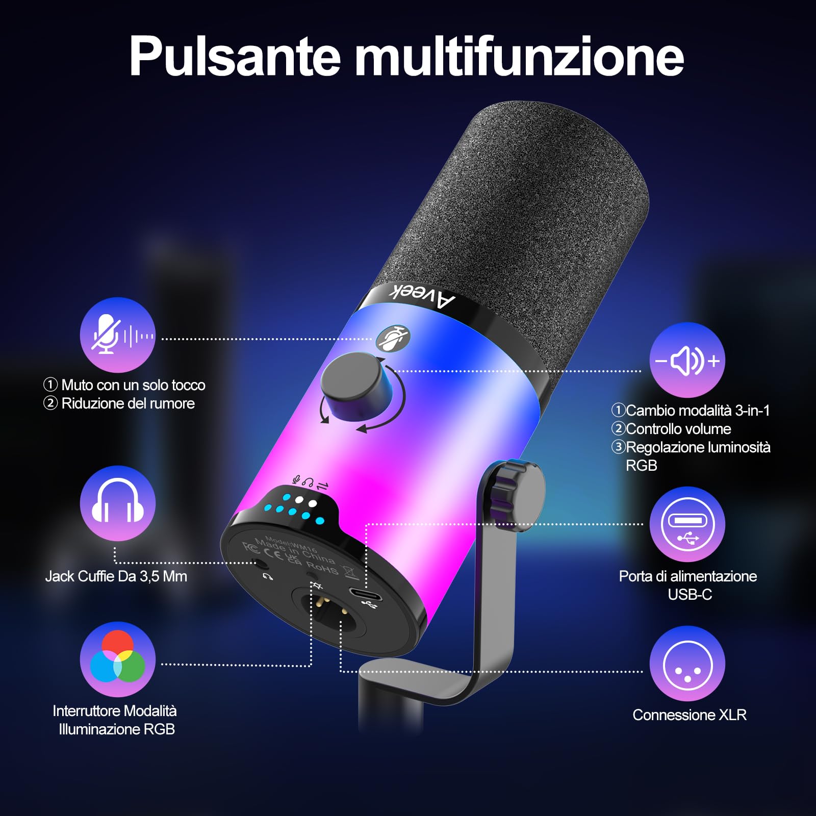 Aveek Microfono Dinamico USB/XLR con Braccio per Gaming & Streaming | Illuminazione RGB, Riduzione del Rumore, Mute One-Touch, Monitor Mix e Jack Cuffie per PC & PS5