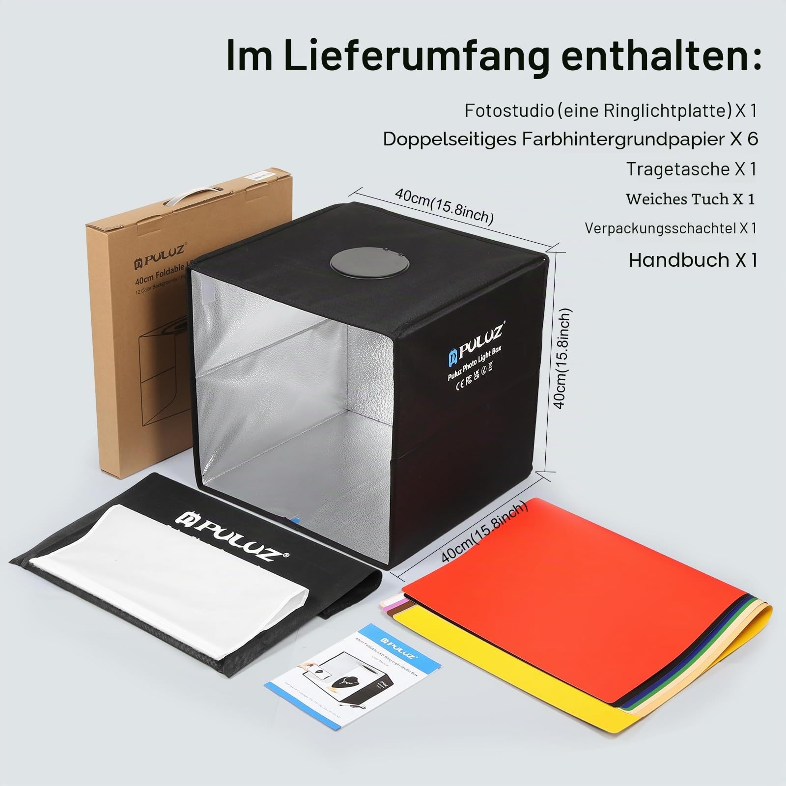 PULUZ Fotostudio Fotobox Light Box 40×40 cm Tragbare 15.75 inch Foto Lichtbox mit dimmbarem LED-Ringlicht 3 Farbtemperaturen 12 Hintergründe Lichtzelt Set für Produktfotografie