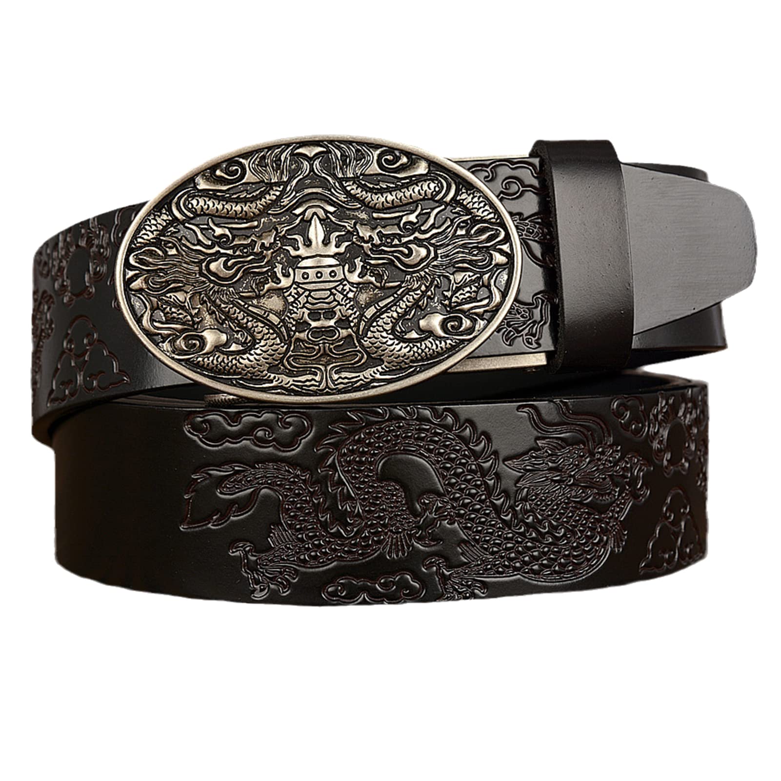 Cintura da Cowboy da Uomo, Cintura in Pelle Goffrata con Fibbia a Drago Scorrevole Automatico, Cintura Di Lunghezza 110-130 Cm, Cintura in Pelle Di Mucca con Fibbia Automatica/Dron~G/120Cm/Wa