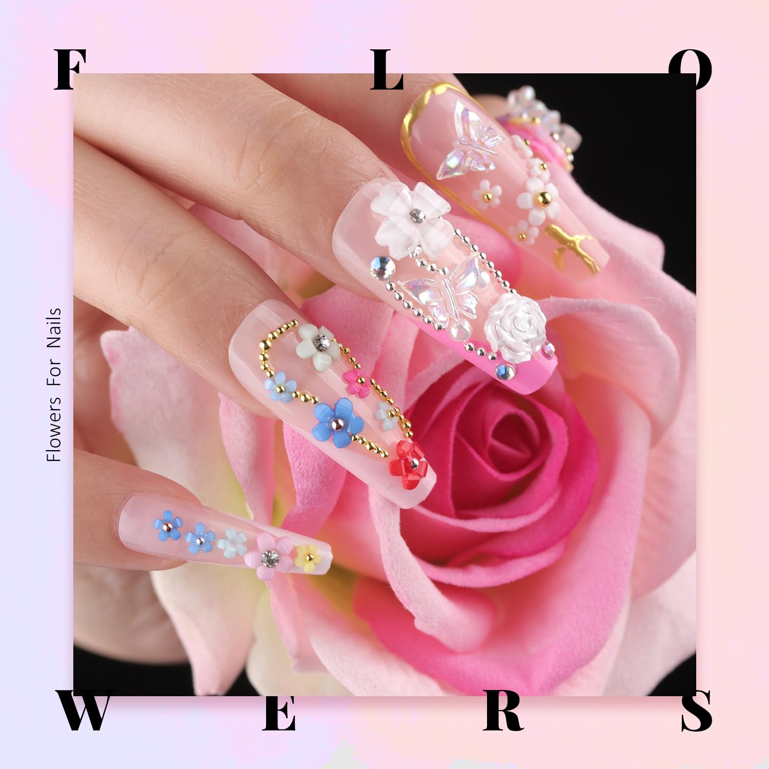 Dijes y gemas de flores 3D, bonito kit de manicura con dijes florales coloridos con pegamento de diamantes de imitación para uñas (curado UV), cuentas de caviar de mariposa, perla semicircular y parte 7