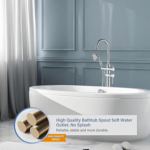 Miniatura 7 de Grifo de bañera de montaje en el suelo, relleno de bañera independiente, acabado cromado, grifo de ducha giratorio de alto flujo con grifos