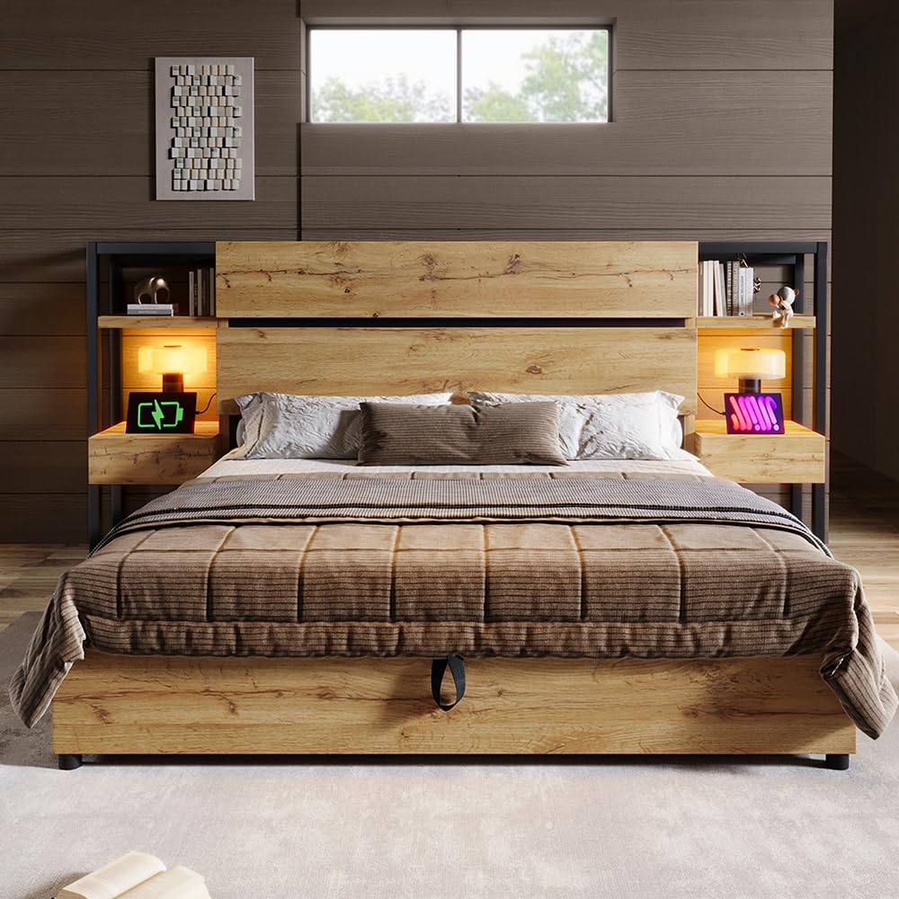Sweiko Cama doble de madera 180 x 200 cm, cama de almacenamiento hidráulica con cajones y cabecera de almacenamiento con puertos de carga USB y tipo C, marco de cama de madera (colchón no incluido)