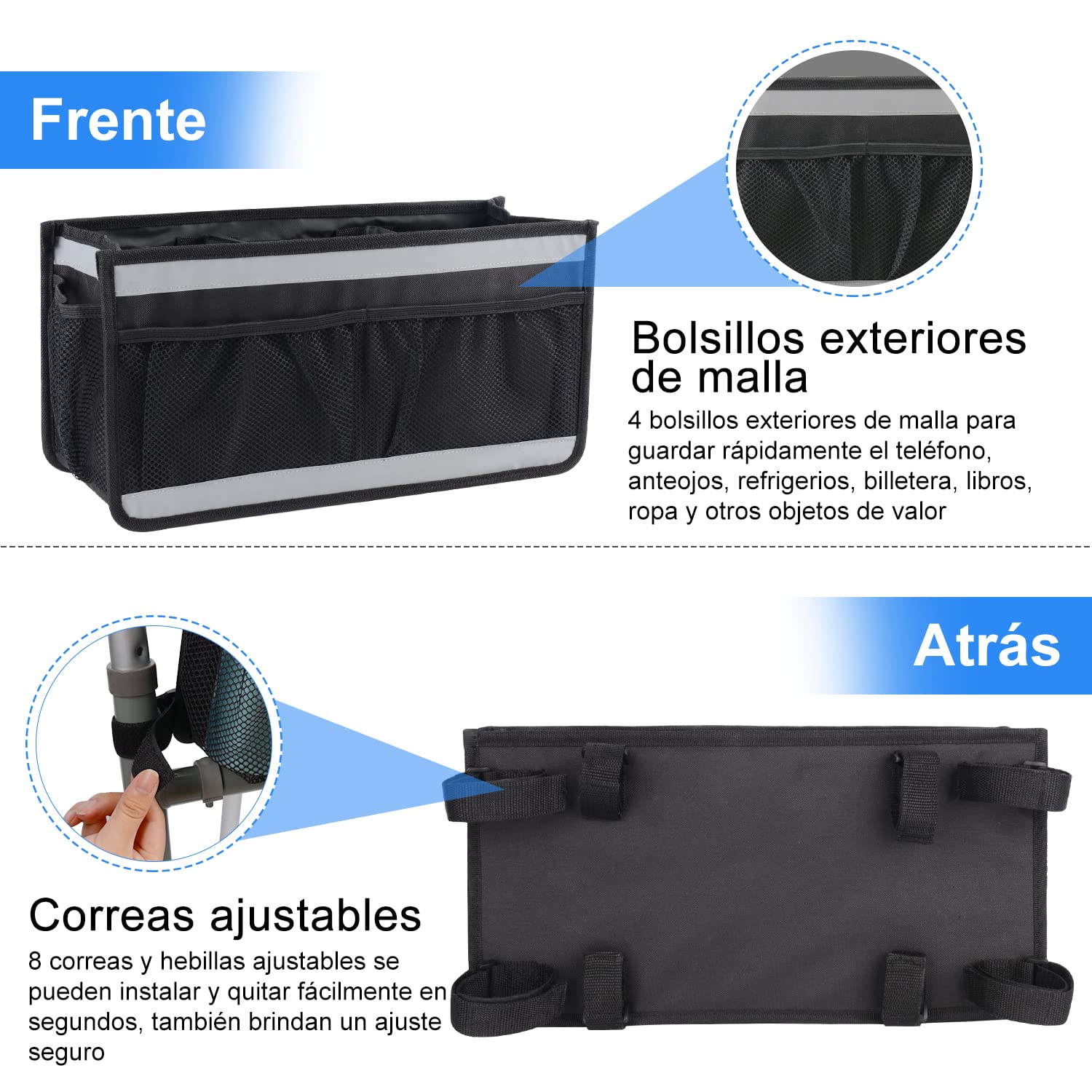 supregear Cesta de Andador, Bolsa Organizadora Walker de Gran Capacidad con 4 Malla Bolsillos y Bolsa de Almacenamiento de Diseño Gancho y Bucle de Raya Reflectante para Accesorios de Walker Carry