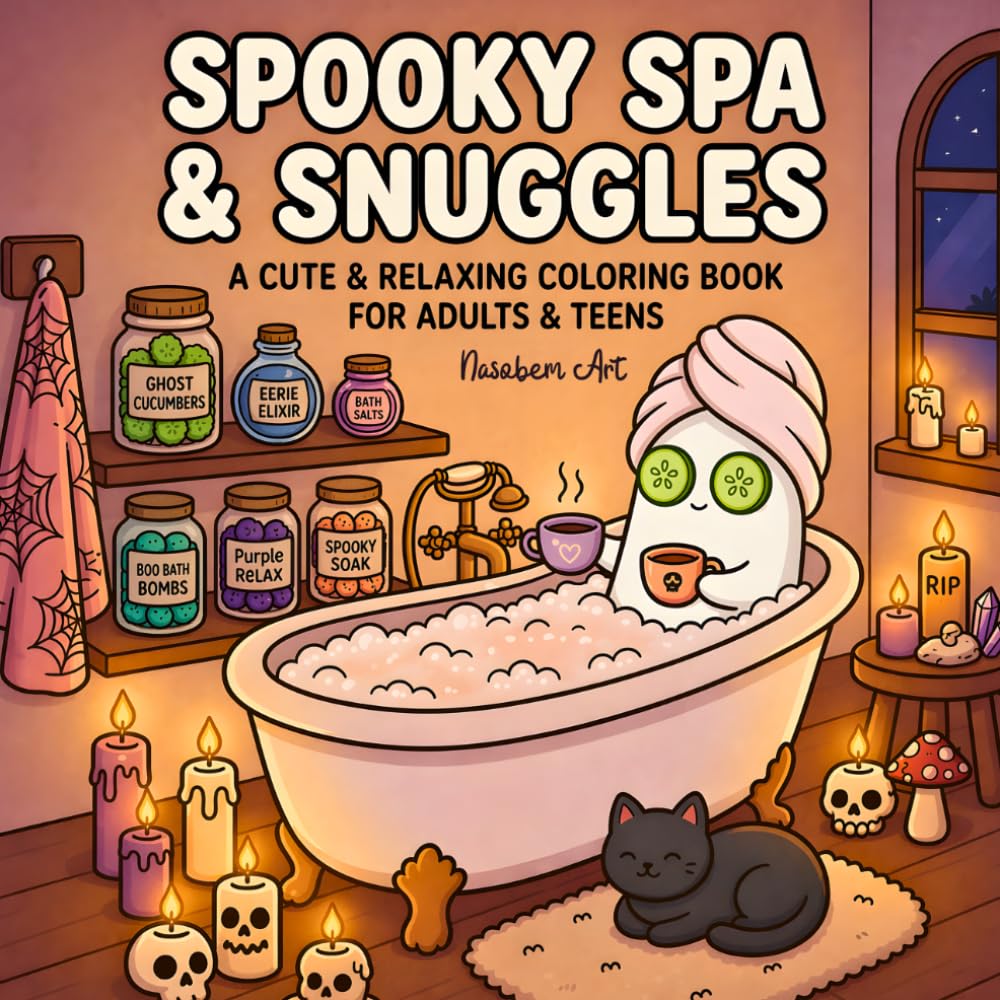 Spooky Spa & Snuggles - A Cute Coloring Book for Adults & Teens: Bold and Easy Designs with Adorable Ghosts and Cozy Hygge Spa Scenes for Relaxation