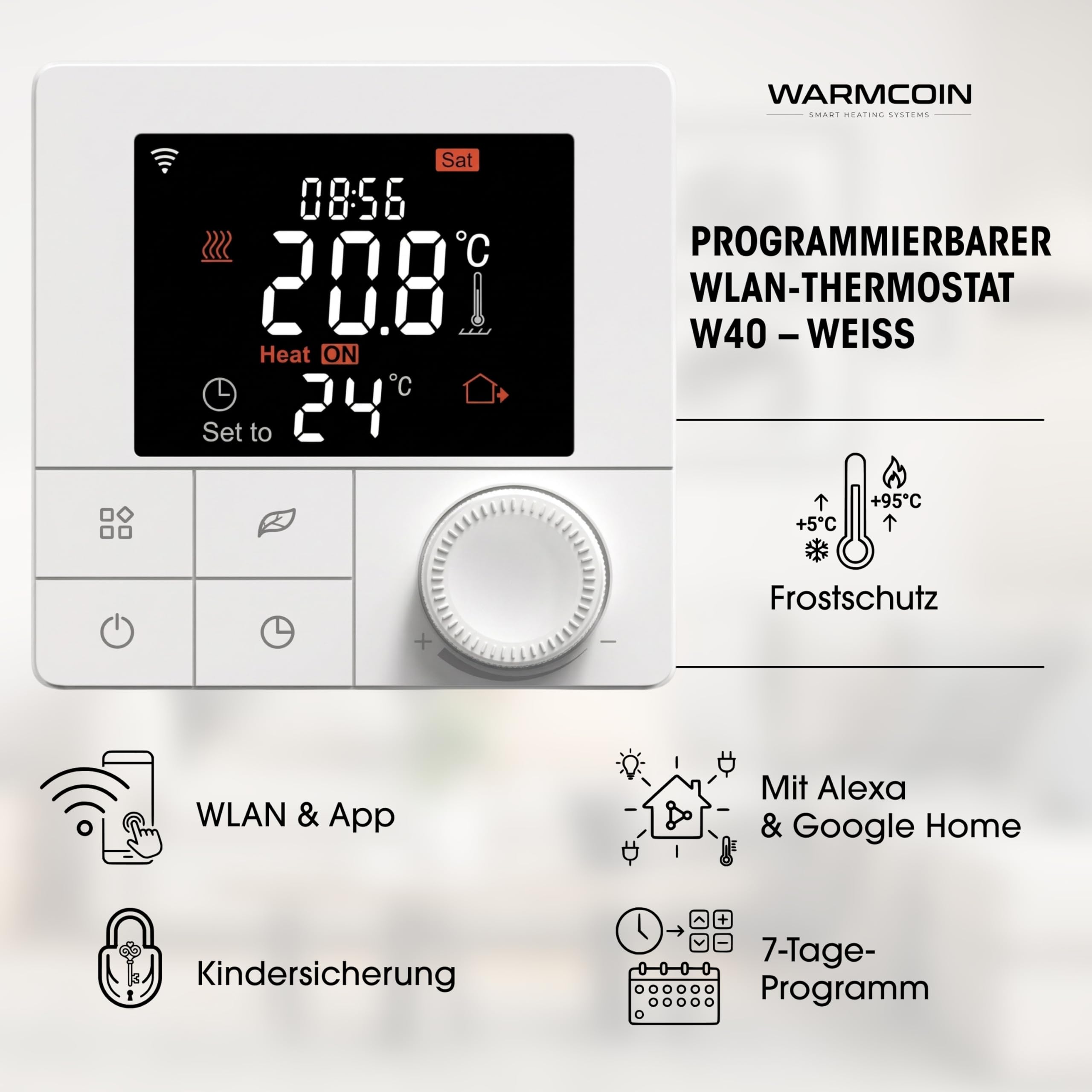 Elektrische Fußbodenheizung Paket 160 W/m² – Fliesen, Laminat & Vinyl – 1,5 m² – W40 WLAN-Thermostat mit komfortabler Temperatursteuerung – Smart Home