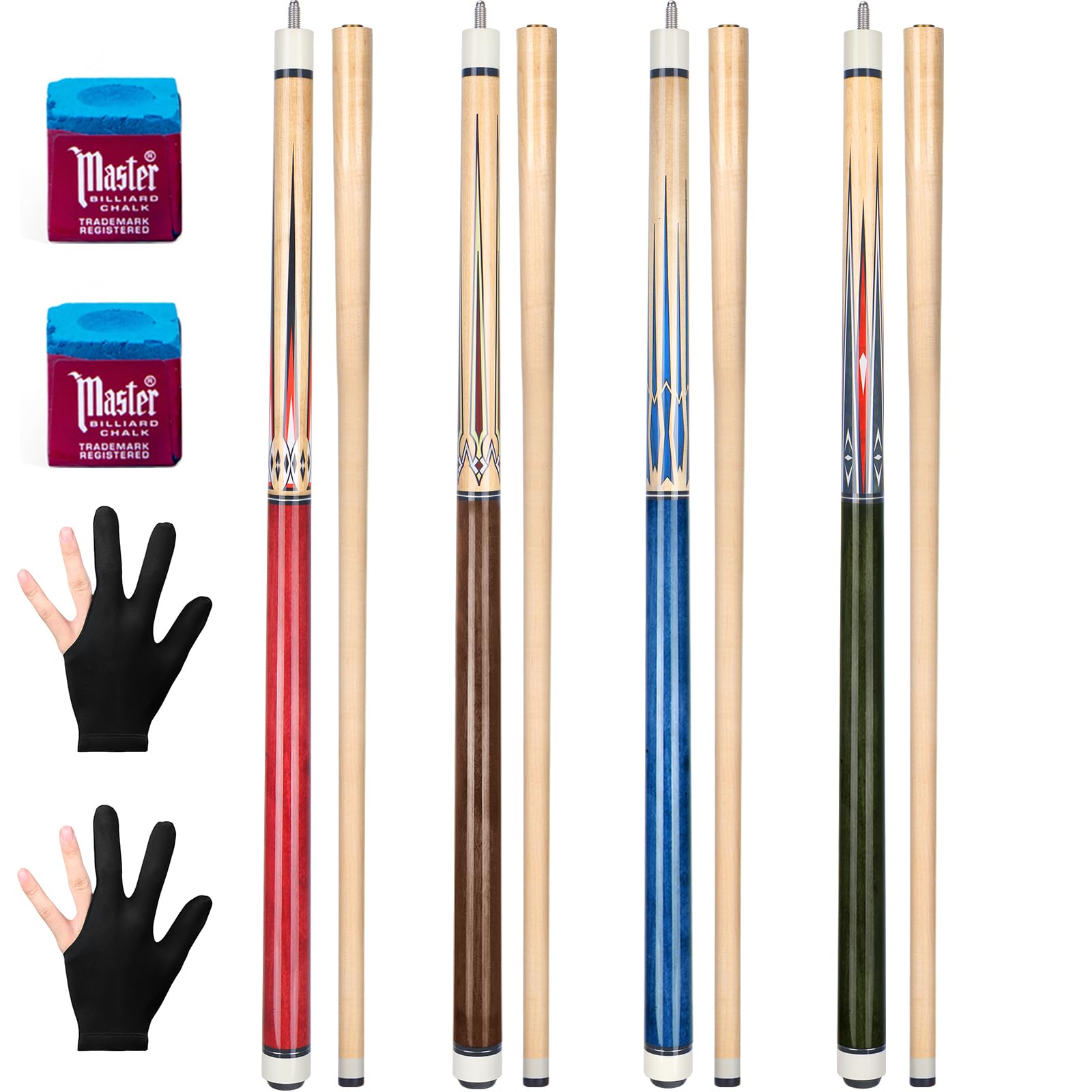 Pool Cue,4 Sets Cue Sticks 58 inch Pool Cues Adult Canadian Maple Wood Billiard Stick 18 19 20 21 oz