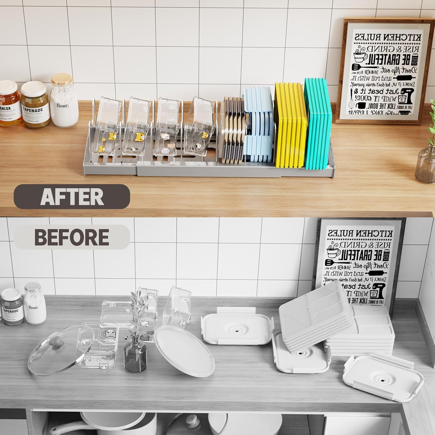 2パック 拡張可能な食品保存容器蓋オーガナイザー キャビネット下22インチの鍋とフライパンオーガナイザー 9つの調節可能な仕切り付き