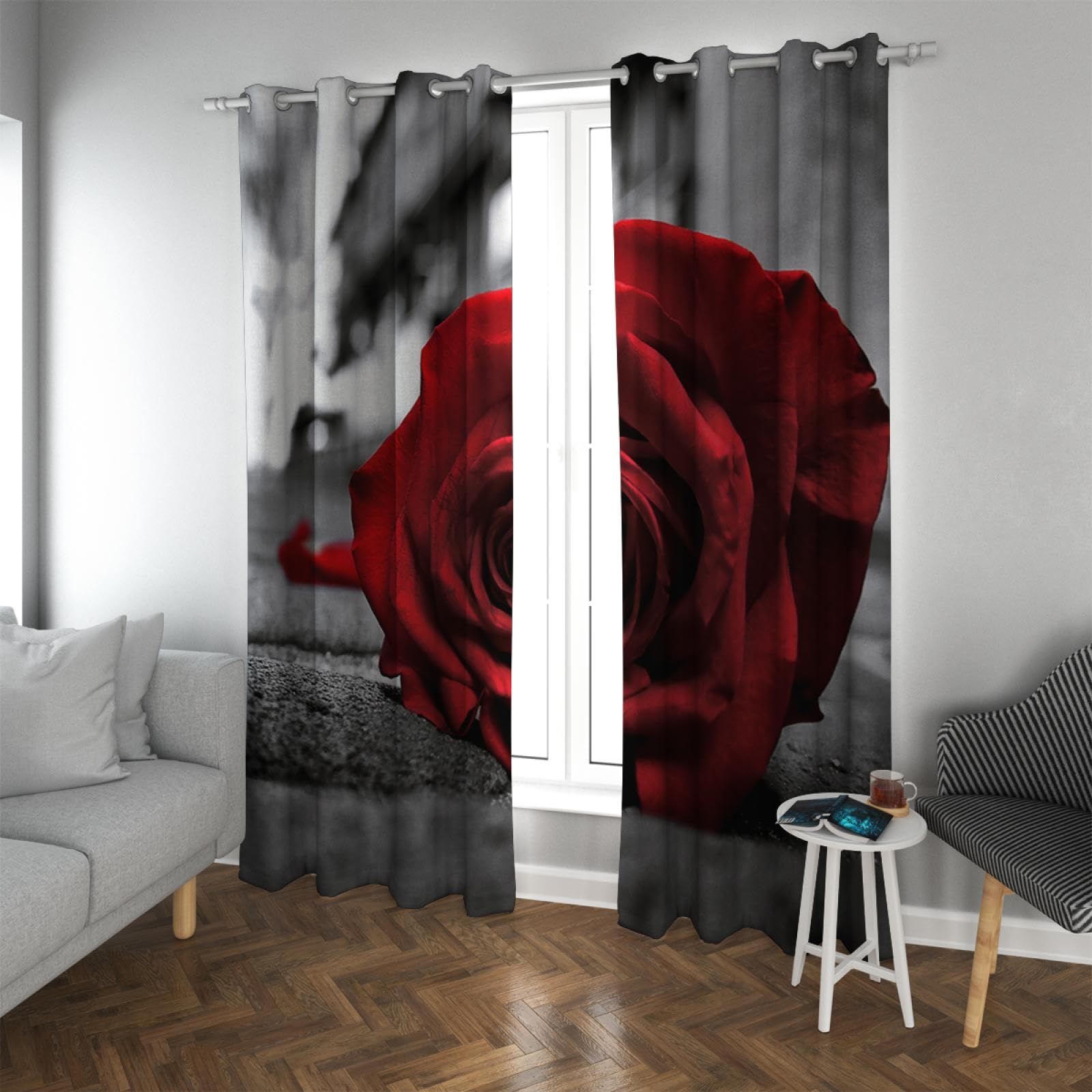 Graue und Schwarze Verdunkelungsvorhänge Rote Rose Verdunkelnde Ösenvorhänge für Wohnzimmer Schlafzimmer Wärmeisolierte Vorhänge Geräuschdämpfende Vorhänge 2xW140xL145cm