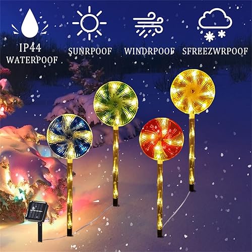 Miniatura 5 de Menglo Paquete de 4 luces solares de bastón de caramelo de Navidad con copo de nieve, luces LED de 14.6 pulgadas con estaca de jardín y camino,