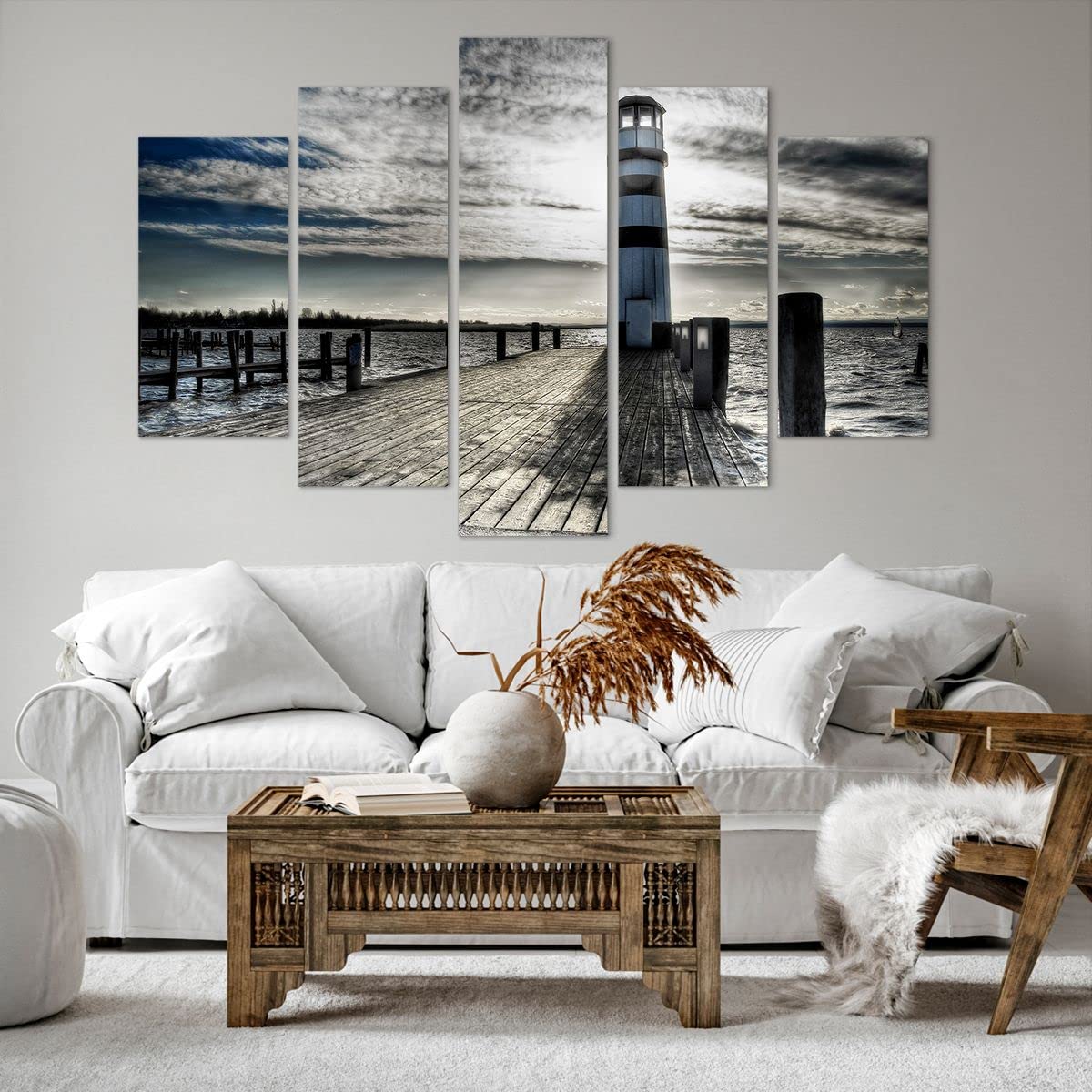 Moderne Impression sur Toile 150x100cm Image Tableau Decoration Murale Lac phare pont en bois eau Tableaux Decoratifs Muraux Chambre Triptyque 5 parties Deco Décoration Salon Art Wall EA150x100-0330