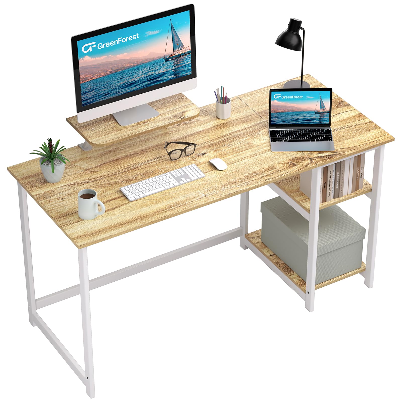 GreenForest Office Desk with Monitor Stand,140cm Computer Desk with Reversible Storage Shelves,Study Desk for Home and Small Spaces,Oak