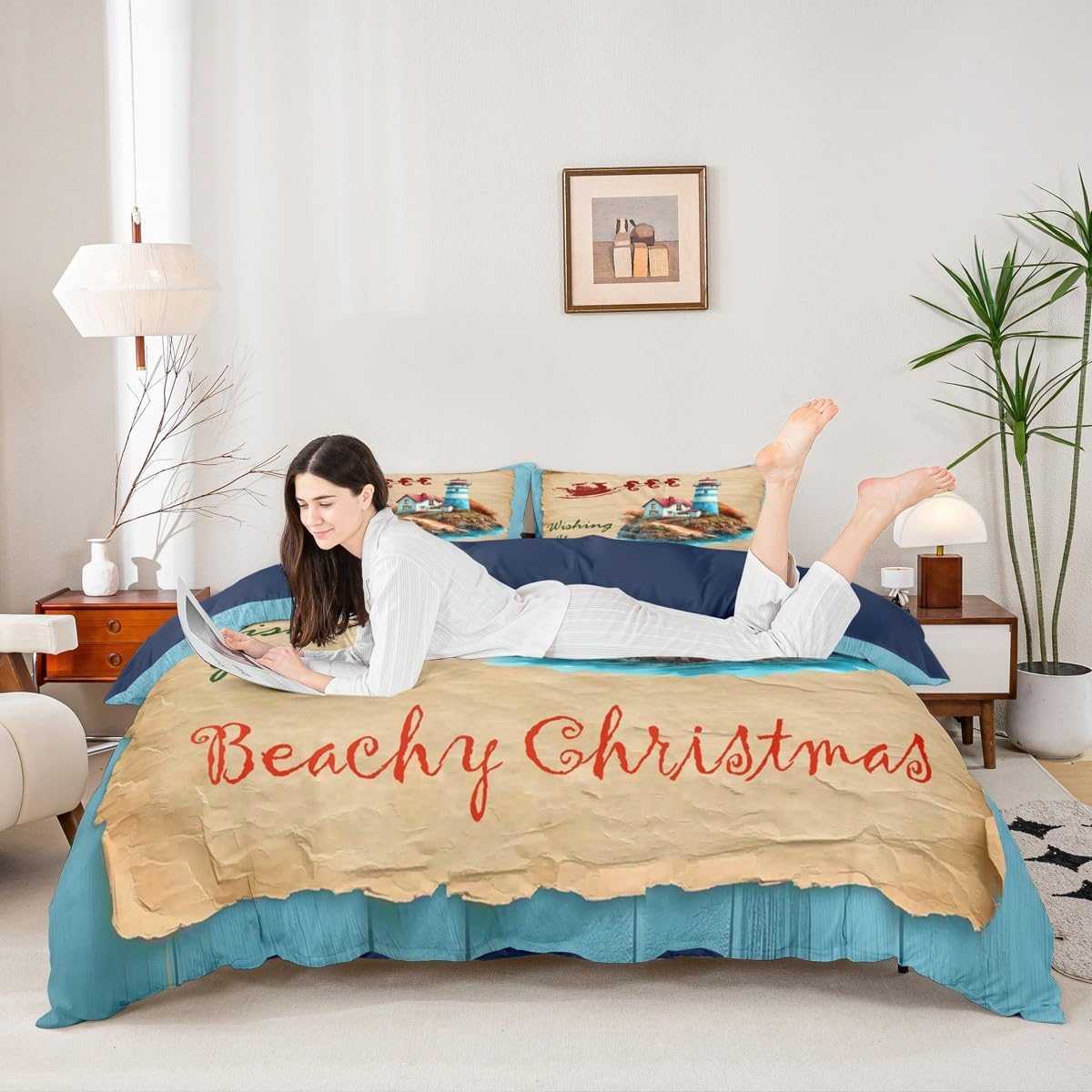 Coastal Duvet Cover Sets King Size,Beach Christmas Bedding Set 3Pcs for Kids Girls Boys Adults Room Decor,Lighthouse Tower Bedspreads Cover Vintage Style Quilt Covers,2 Pillowcases