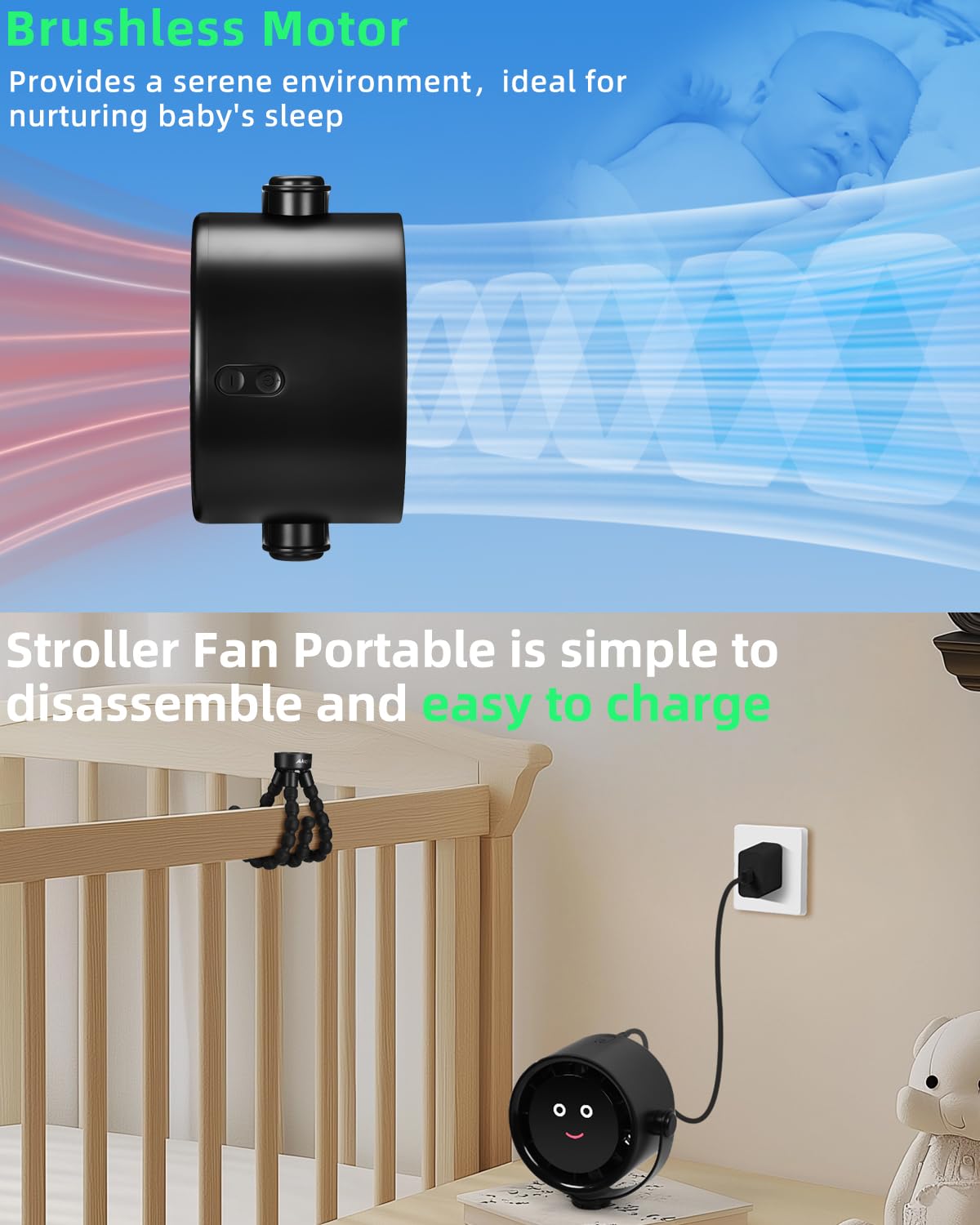 Akejrym Ventilateur de poussette portable, ventilateur personnel pour voyage, Air Turbo Tech et affichage numérique, 5 vitesses détachables, rechargeable, rotation à 360°, ventilateur trépied