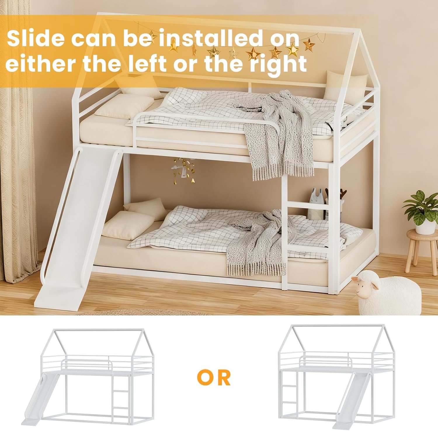 Twin Over Twin Bunk Bed with Slide, Junior House Low Bunk Bed Metal Bunkbeds with Ladder and Full-Length Guardrail for Girl, Boy, Floor BunkBed, No Box Spring Needed (White)