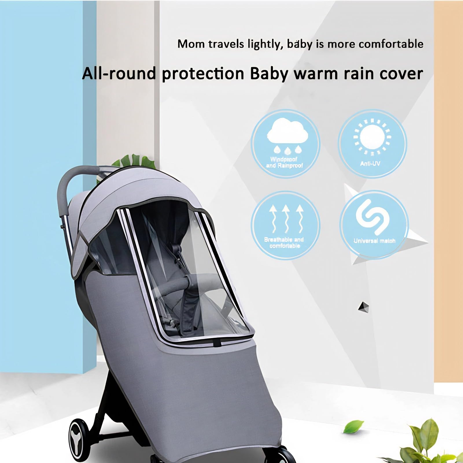 Housse de pluie pour poussette, accessoire universel, housse de pluie universelle résistante aux intempéries, coupe-vent, résistante au froid avec trous respirants pour la plupart des poussettes (gris