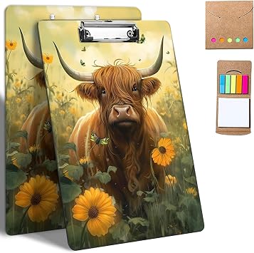 Plastic Clipboards, 9 x 12.5 Clip Boards with Low Profile Clip, Cute Clipboard Clip Board Stardard A4 Letter Size with Notes for Classroom,Office,Students,Women,Art Highland Cow