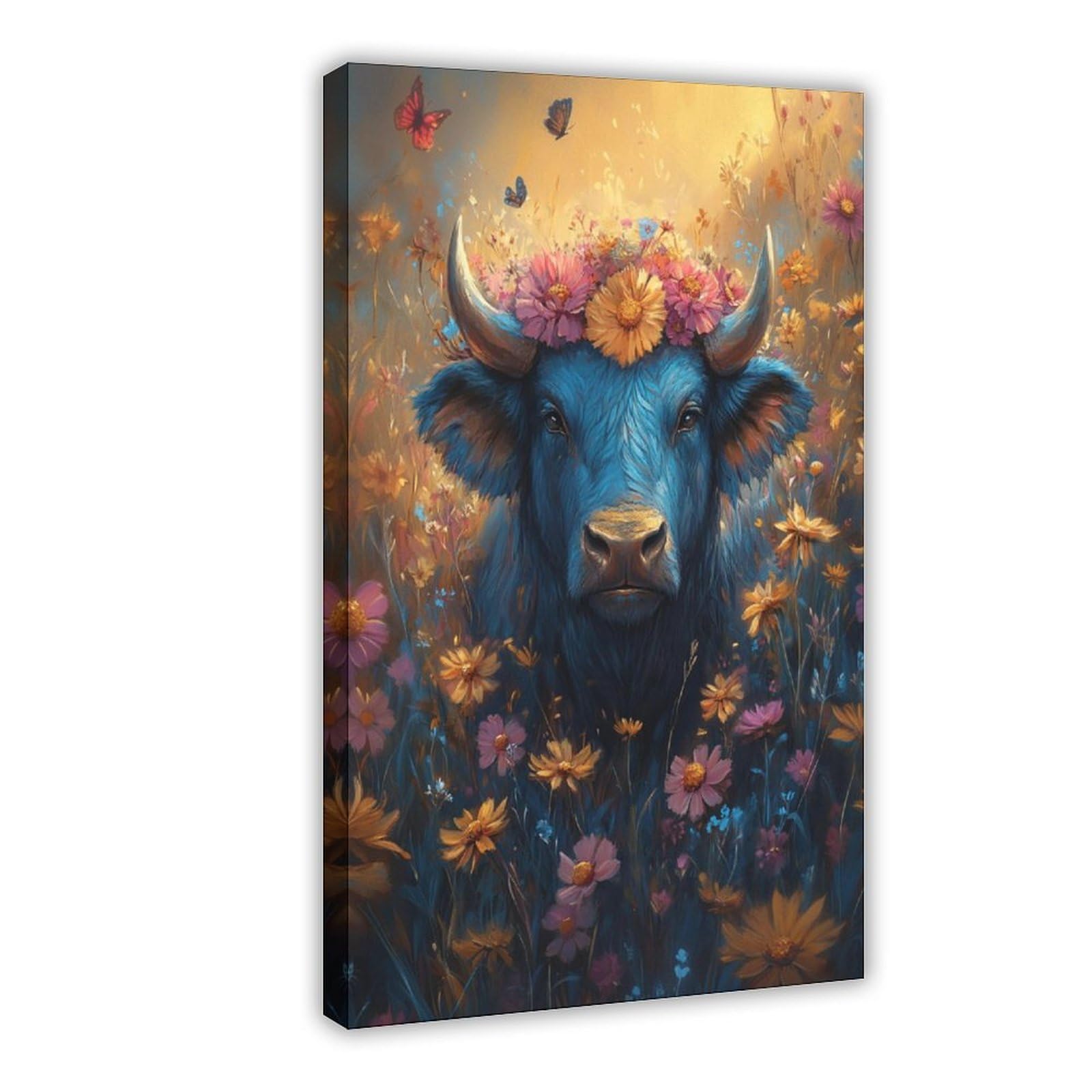 Qnvjqkdsi Frame Blue Buffalo With Floral Crown, Butterflies And Nature Art Canvas Poster Bedroom Decor Landscape Office Room Decor Gift 24" L X 36" W