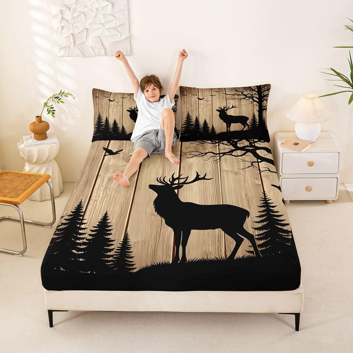 Erosebridal Rustic Cabin Bed Sheets Full Hunting Deer Fitted Sheet Farmhouse Lodge Woodland Animal Bedding Set for Kids Boys Girls,Nature Wildlife Antlers Bed Cover 3 Pcs