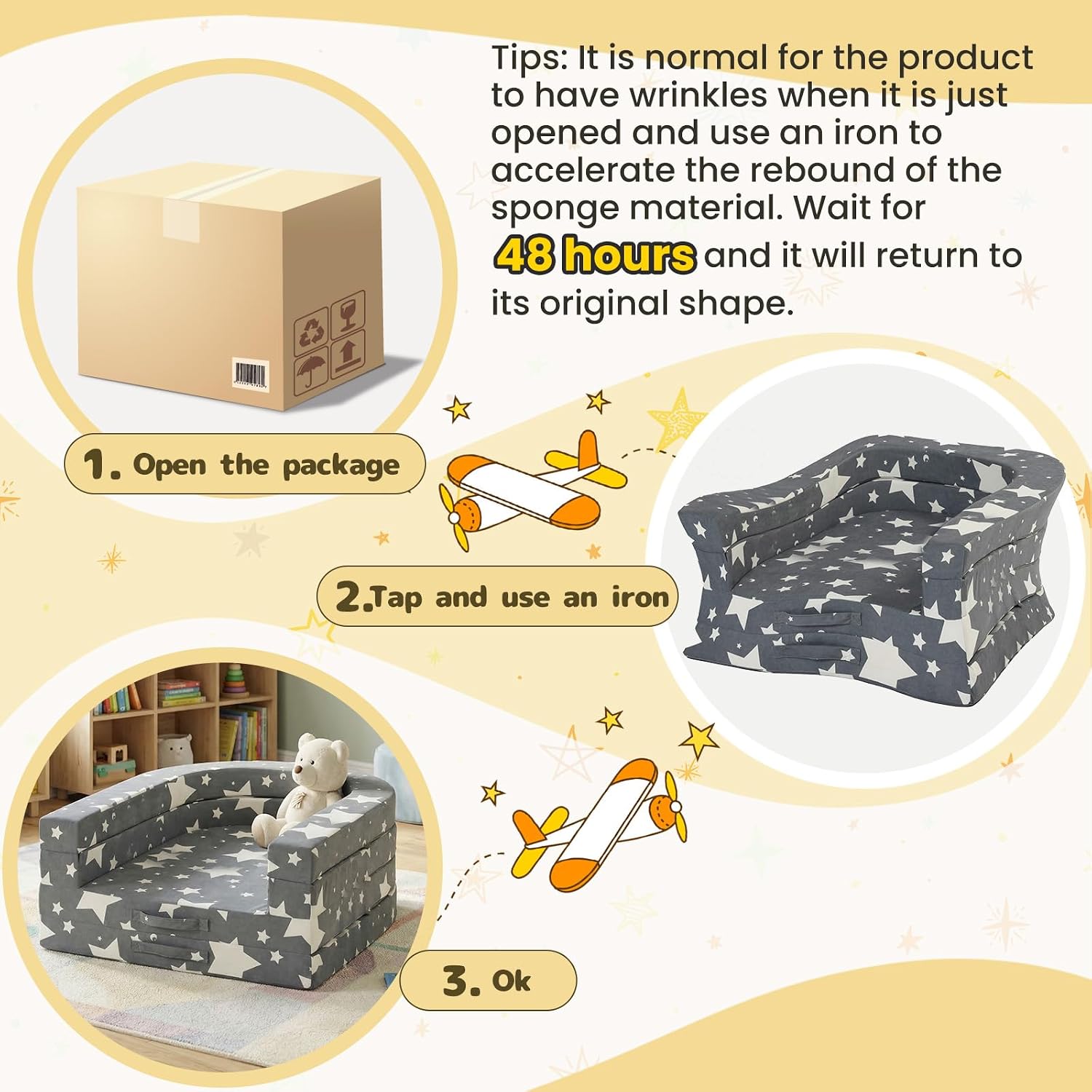 60” Travel Toddler Bed,Portable Foldable Toddler Chair,3-in-1 Soft Foam Floor Bed Lounge,Oversized Kids Travel Bed No Assembly,Star