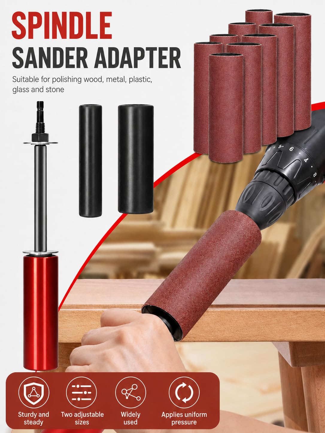 Kit de Mandrin de Ponçage de Perceuse 3/8 Pouces | Adaptateur de Ponceuse à Broche, Tambour de Ponçage en Caoutchouc à Main, pour Bois, Métal