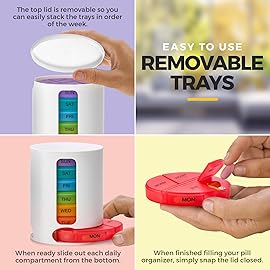 MEDca Weekly Pill Organizer, 1 Dispenser, 7 Stackable Multi-Color Compartments Four Times-a-Day - Morning, Noon, Evening, and Bedtime, White