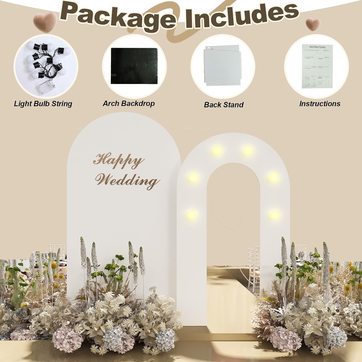 White Arch Backdrop Stand 6.2FT+5.5FT Wedding Backdrop Arch Frame with Light, 2 Set Round Top Balloon Arches Photo Booth Background for Birthday Baby Shower 2025 Graduation Party Decoration