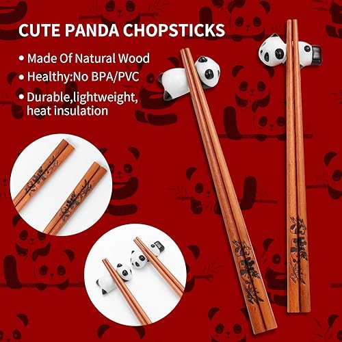 Miniatura 4 de Lindo juego de palillos y palillos de panda, juego de palillos de madera reutilizables con soporte para palillos de cerámica y estuche de regalo