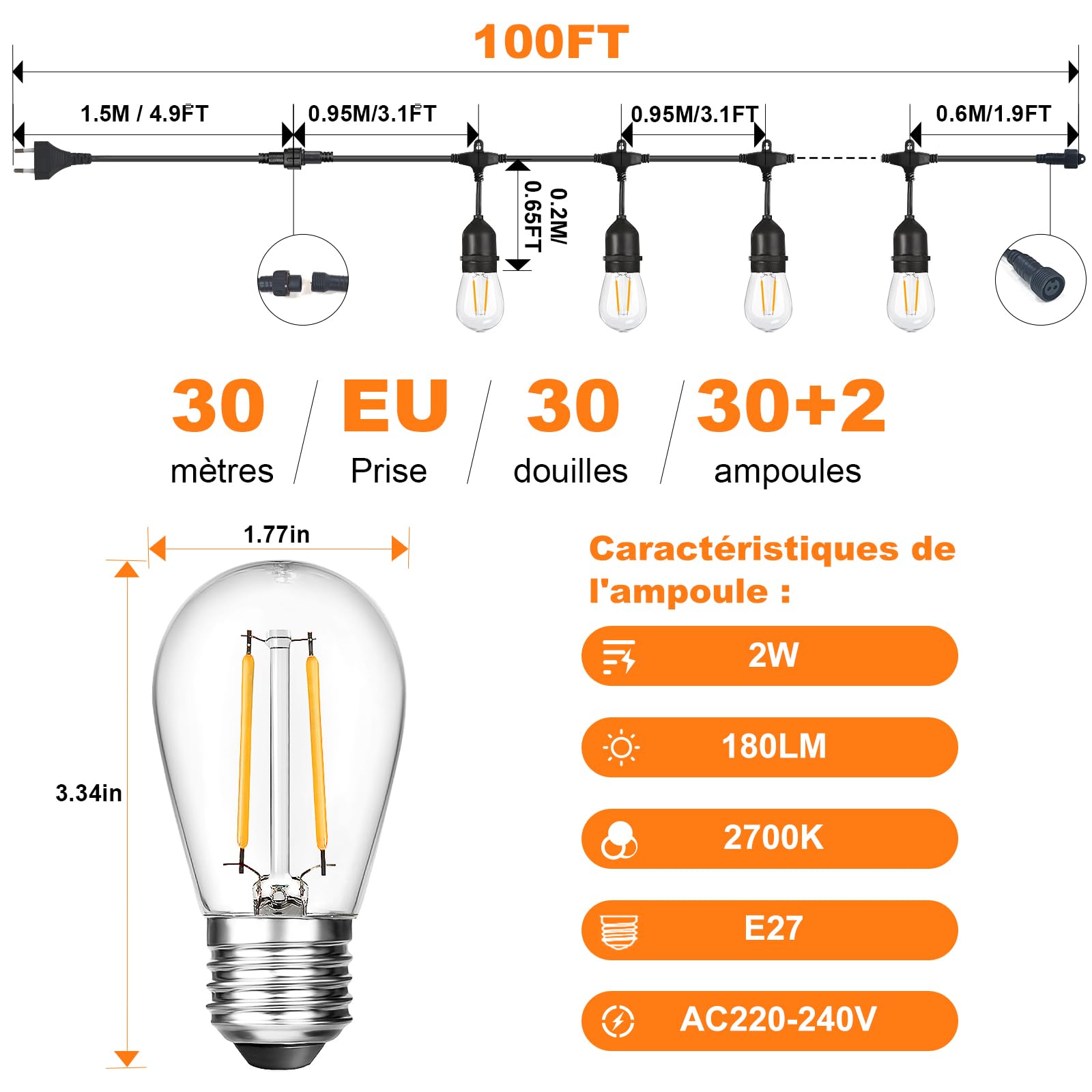 BRIMAX Guirlande LED Exterieur 30M E27 S14 2W 2700K | Lot de 30 ampoules + 2 rechanges, 220-240V, IP44 étanche, pour jardin, terrasse, fêtes, ambiance romantique.