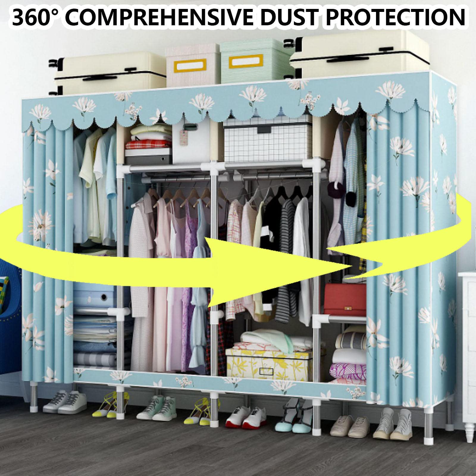 Tragbarer Stoff-Kleiderschrank mit Regalen und Kleiderstange, faltbarer Kleideraufbewahrung, großer Canvas-Schrank für Kleidung und Taschen, 206 x 45 x 175 cm, Kleiderständer