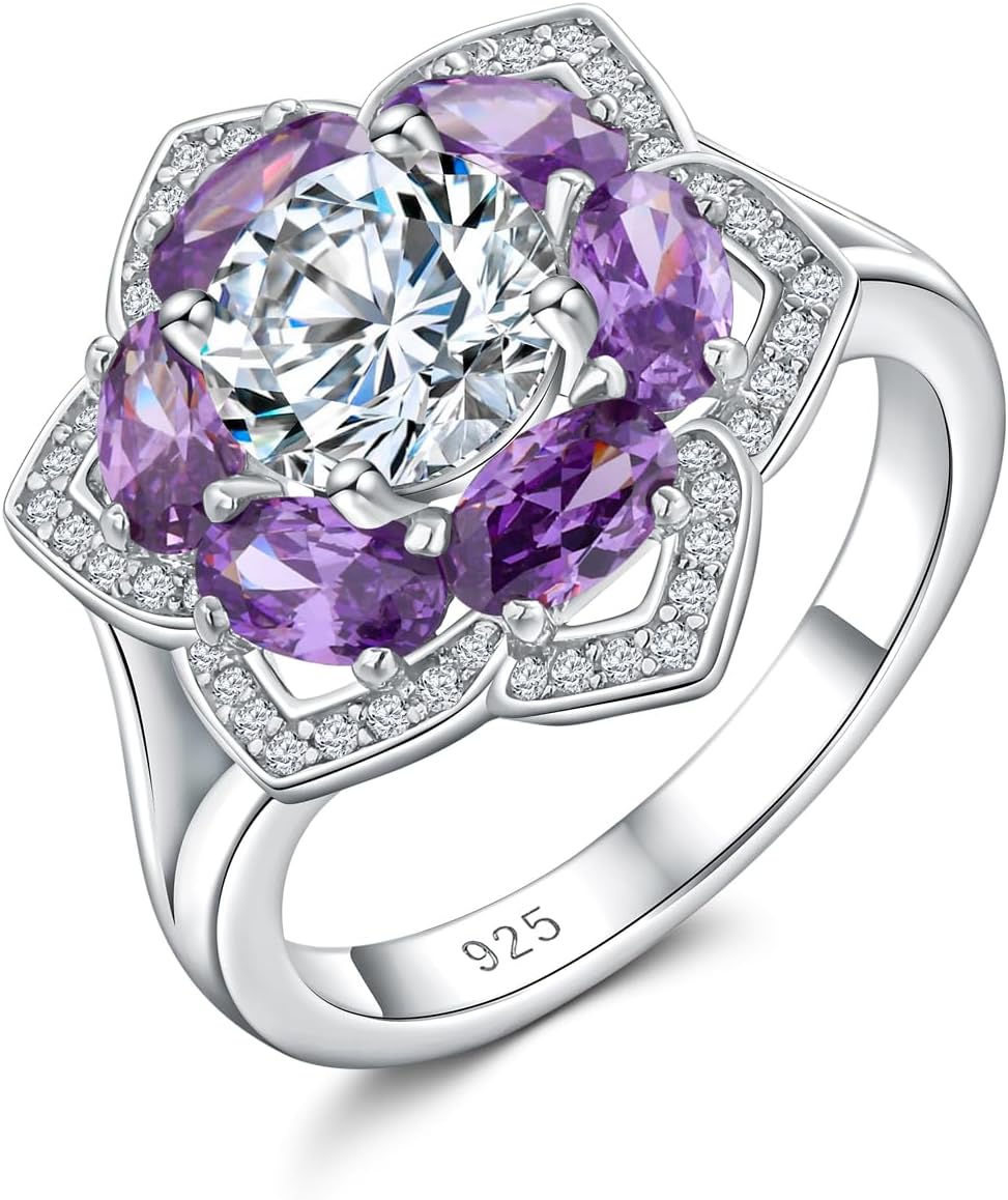 Flower Engagement Promise Ring Sterling Silver Birthstone Rings for Women Sapphire/Emerald/Ruby Gemstone Six Leaf Clover Statement Cocktail Ring Size 6 to 10