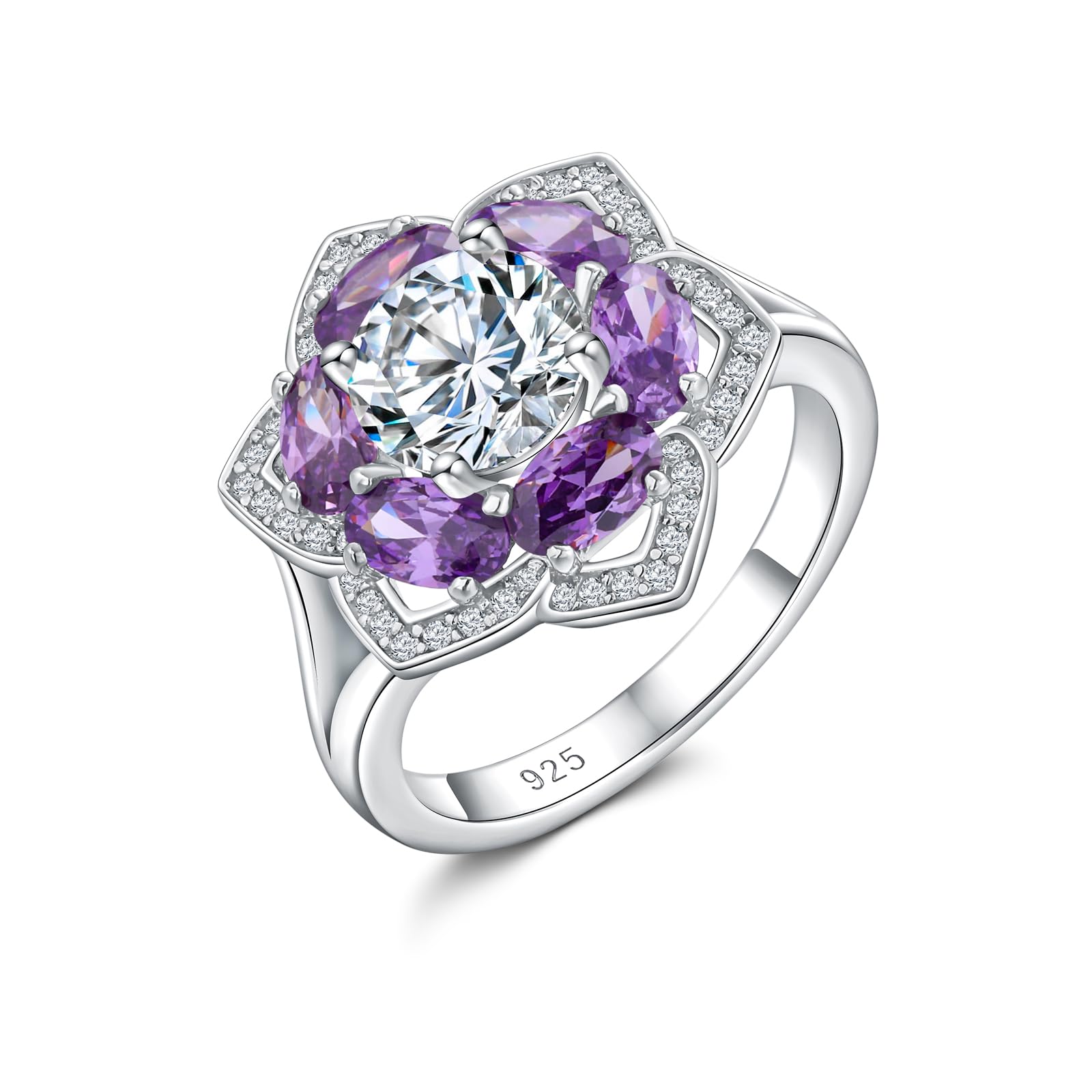 Flower Engagement Promise Ring Sterling Silver Birthstone Rings for Women Sapphire/Emerald/Ruby Gemstone Six Leaf Clover Statement Cocktail Ring Size 6 to 10