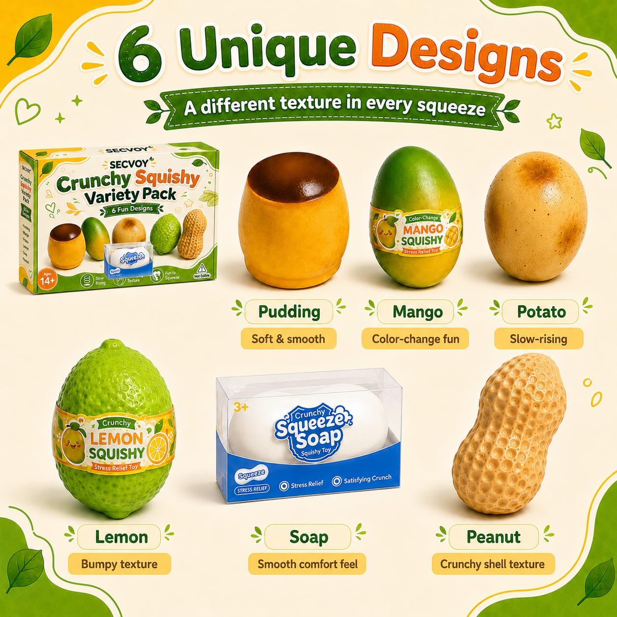 6 Pack Crunchy Squishy Set, Slow Rising Crunchy Squishies ASMR Filled, Squeeze Stress Relief Balls for Adults, Includes Pudding Mango Potato Lemon Soap Peanut image 4
