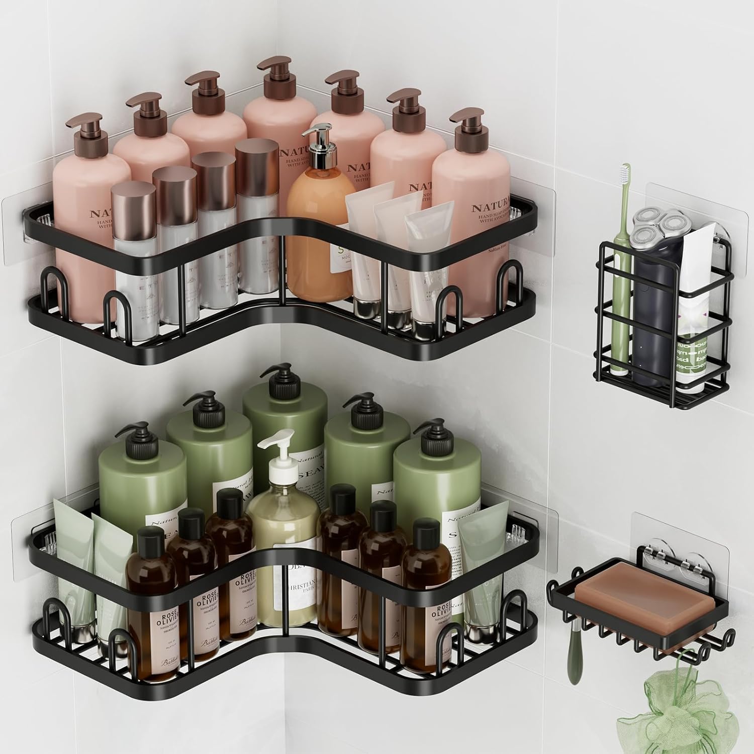 Veken Corner Shower Caddy 4-Pack Advanced Rustproof Design No Drilling Adhesive Shelves Rack with Soap Holder Large Capacity