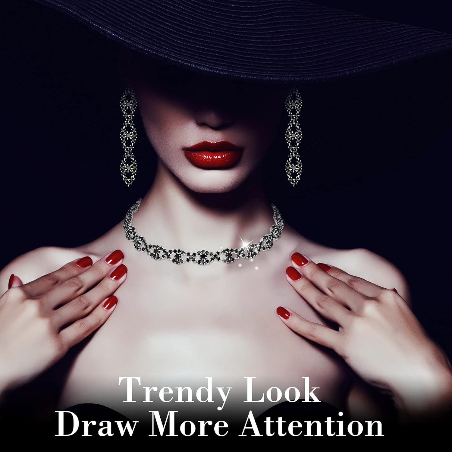 MTLEE 4 Pieces Rhinestone Necklace Choker Bracelet Earring Clutch Purses Jewelry Set Women Crystal Triangle Bling Diamond Purse Rhinestone Bag for Wedding Party - Image 6