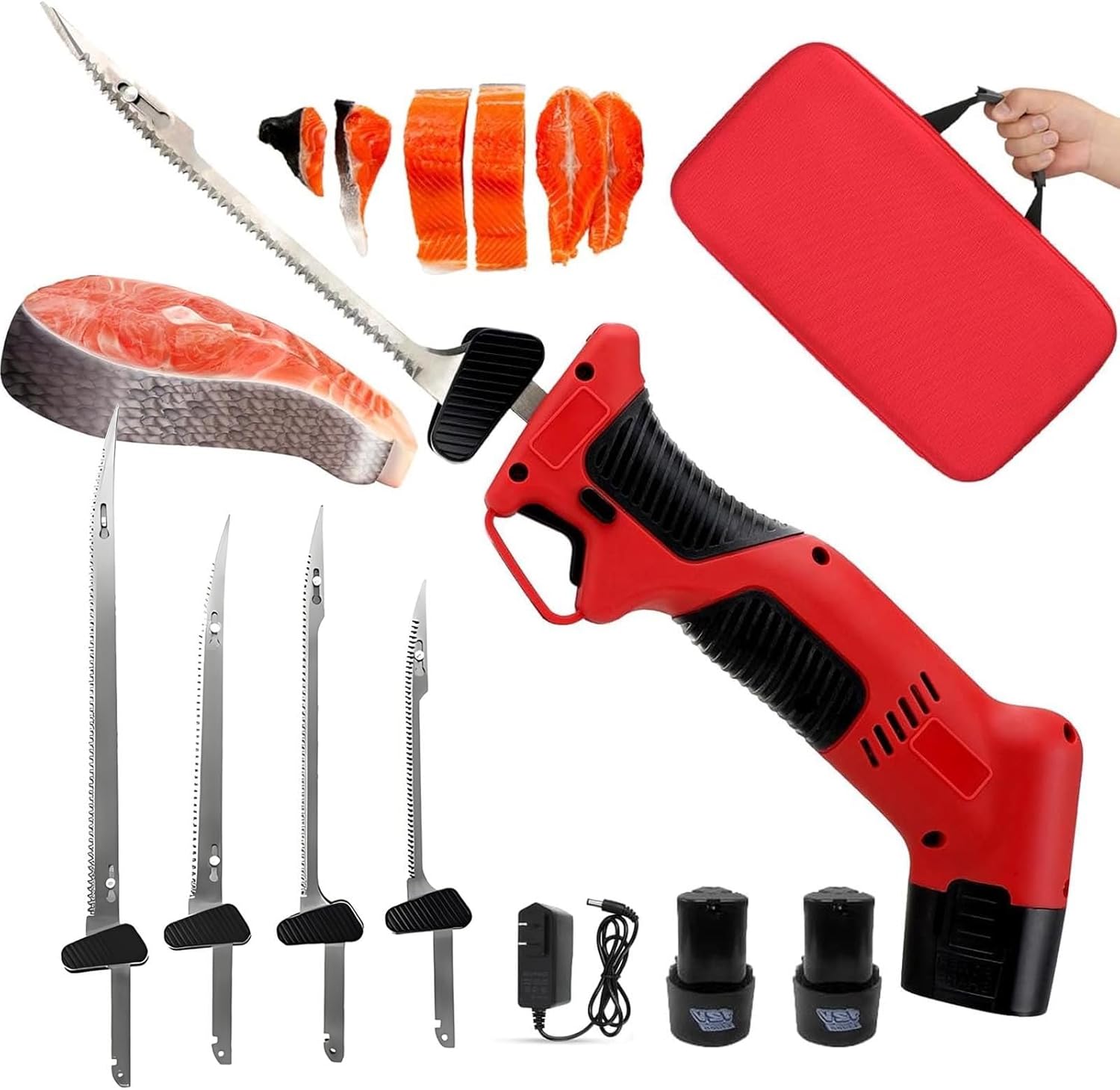 Pro Cordless Electric Fillet Knife Kit With Non-Slip Grip Handle, 4 Coated Non-Stick Reciprocating Blades+2 Batteries+1charger+Portable Storage Box,Safety Lock,Water-Resistant
