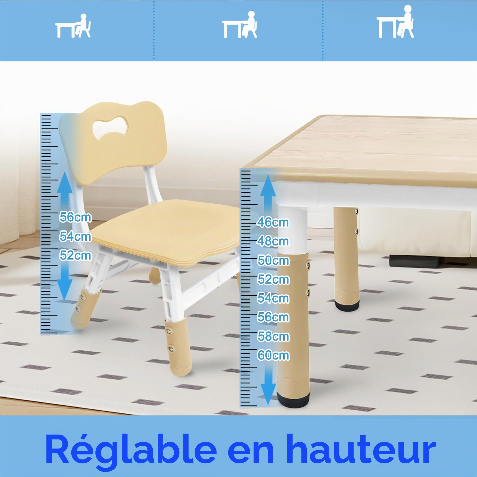FIVMEN Table pour enfant avec 4 chaises en plastique - Hauteur réglable - Pour garçons et filles à partir de 2 ans - Couleur bois