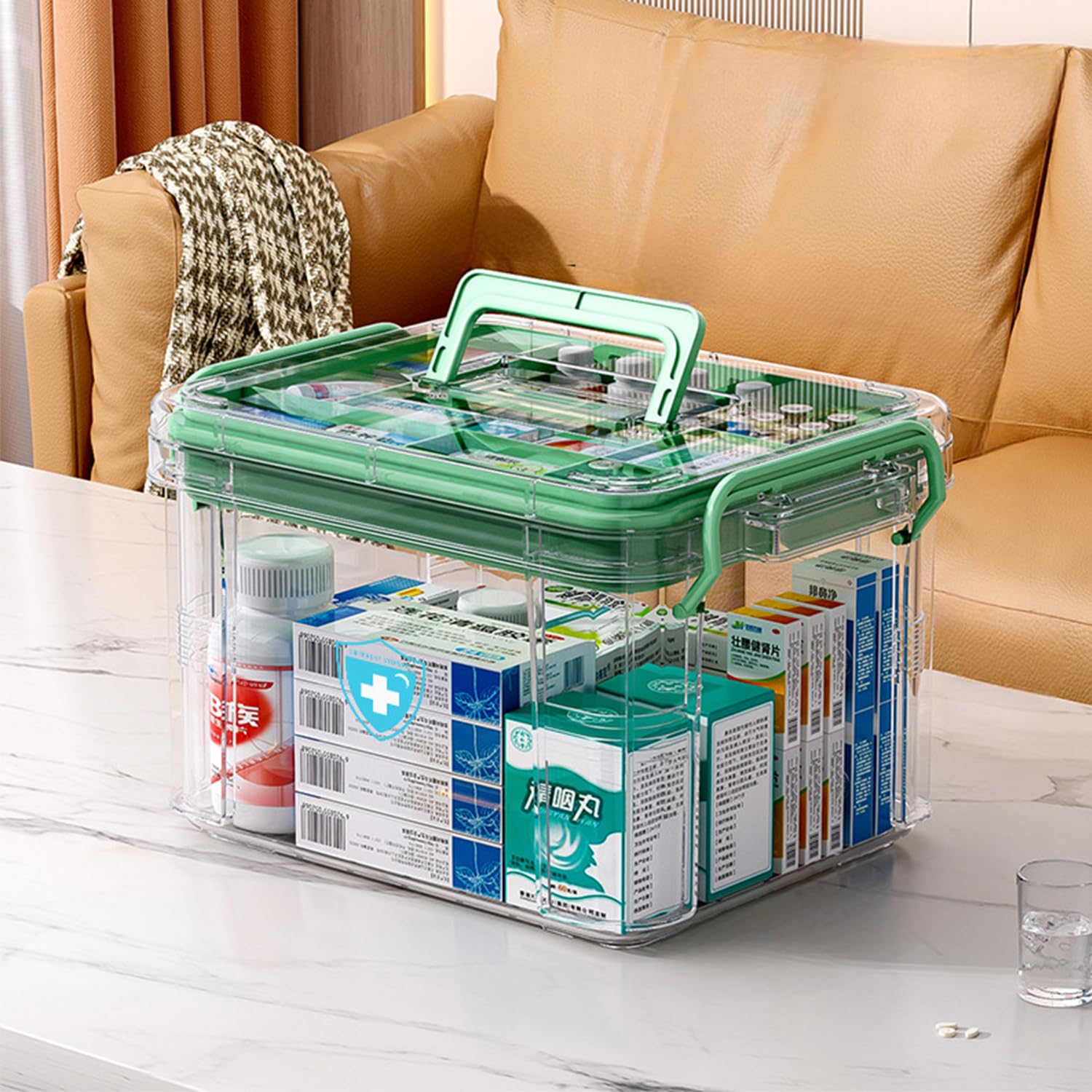 HIKENRI Household Medicine Storage Box Organiser,First Aid Box,Double Layers Multi Grid Medicine Box,Portable with Lid Medication Storage Box Medicine Cabinet for Home(Green-S)