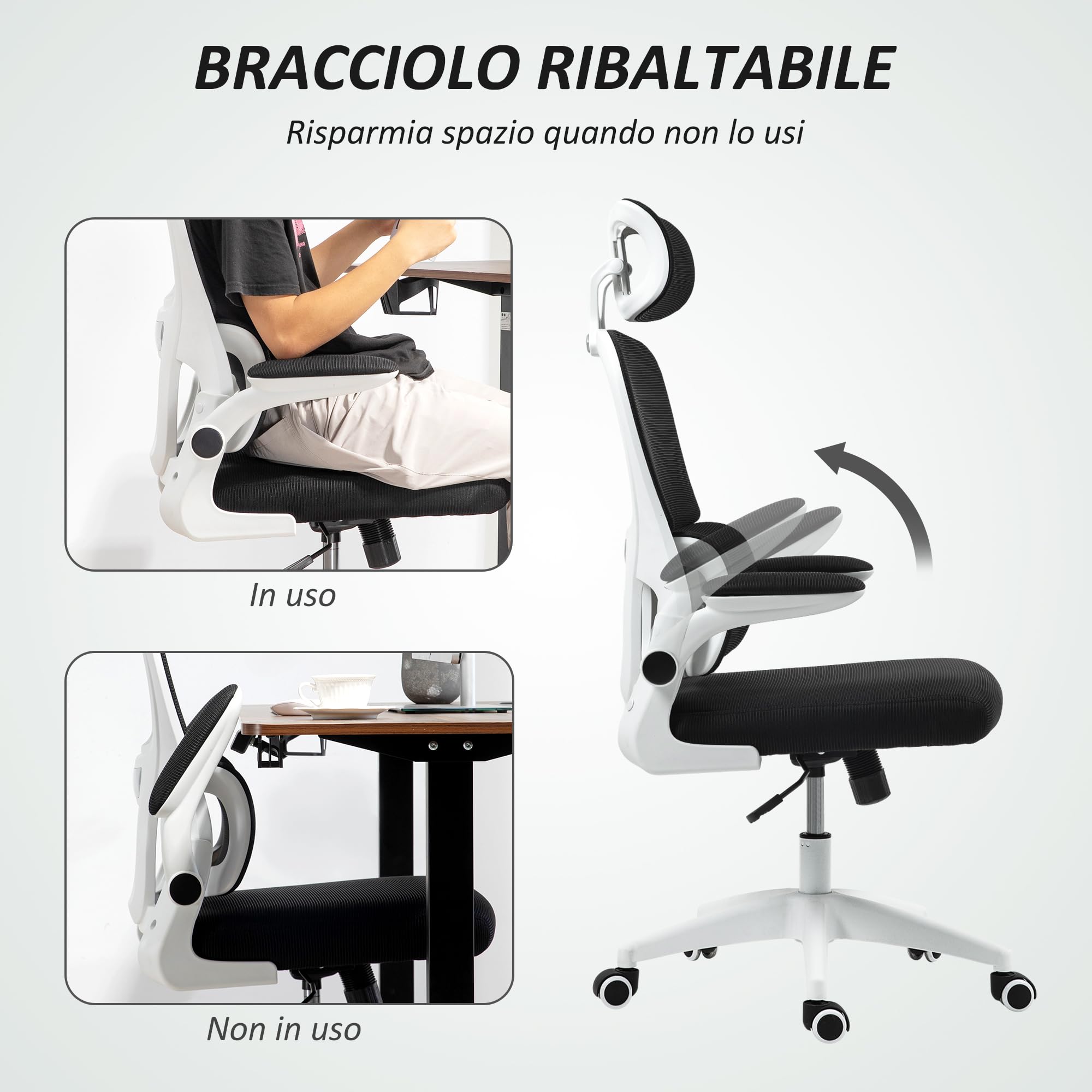 HOMCOM Sedia da Ufficio Ergonomica, Braccioli Ribaltabili, Girevole, Nero