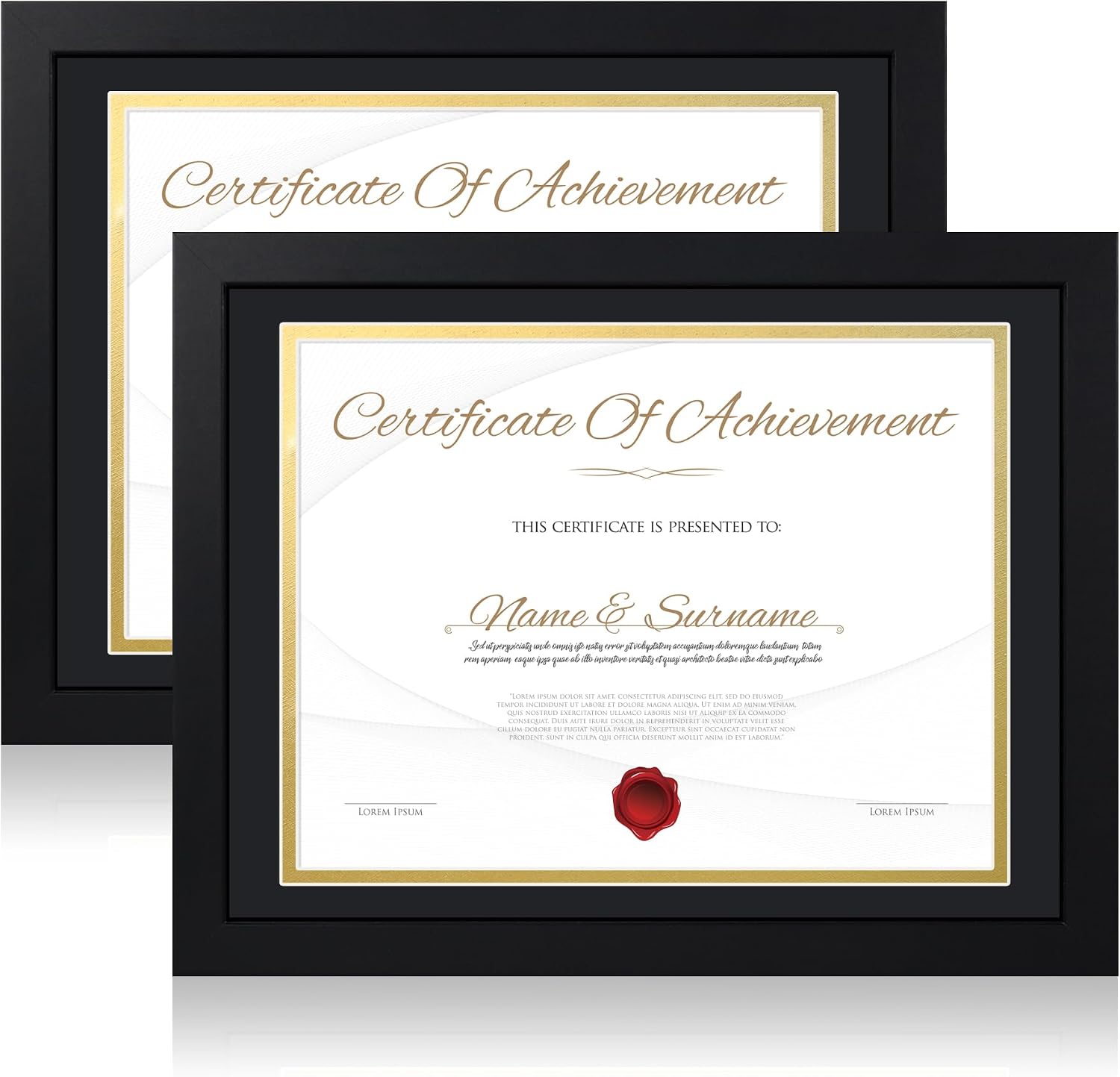 8.5x11 Diploma Frame with Real Glass - Set of 2, Black Over Gold Double Mat - Display 8.5 x 11 Document Certificate with Mat or 10x13 Pictures without Mat for Tabletop & Wall Mount