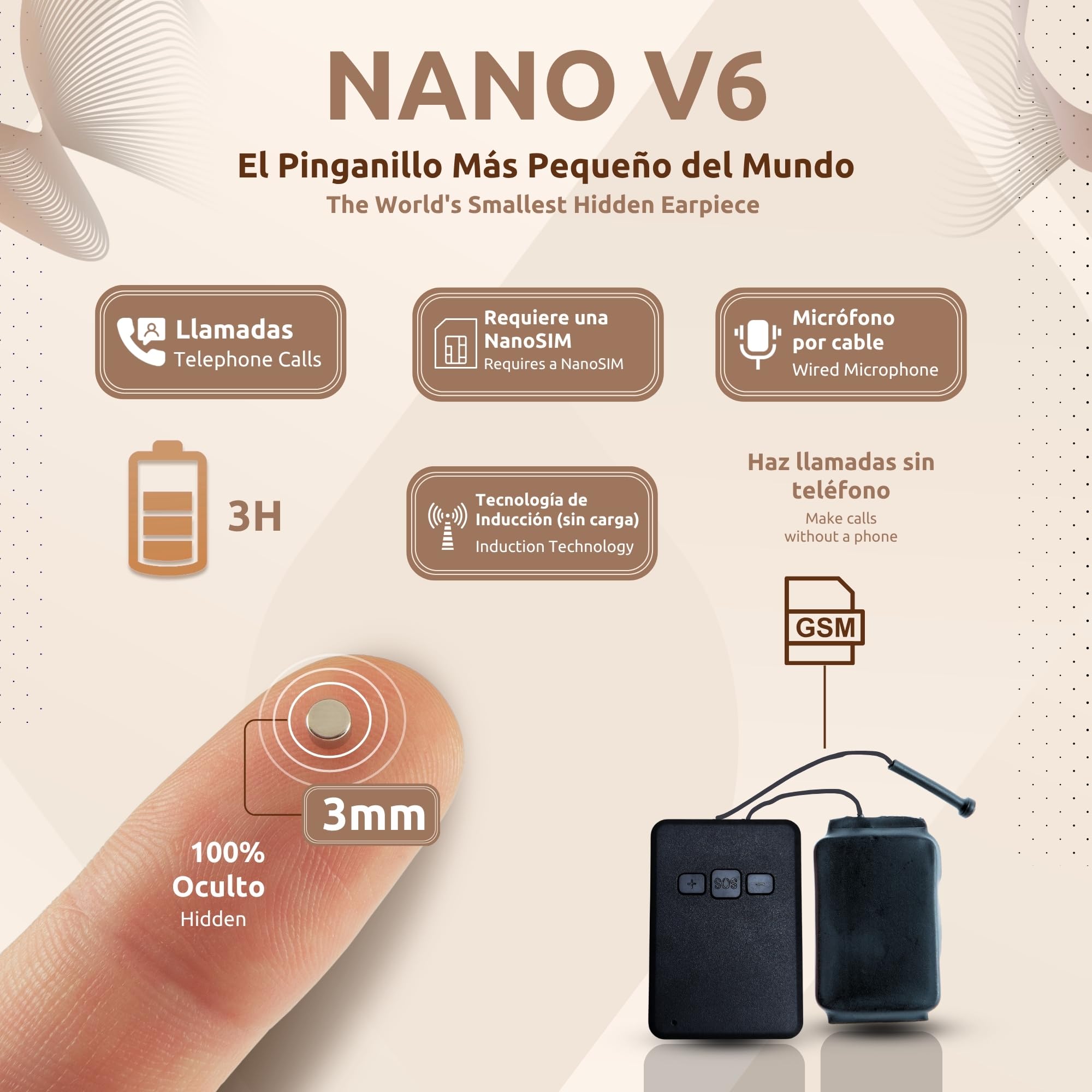 PingaOculto Pinganillo gsm Examenes Tarjeta Nano SIM Cable Oculto (Imán V6) | Sin móvil, Micrófono en cable, Invisible, Auricular inalámbrico, Tamaño mini, Auricular espía, Copiar en examen