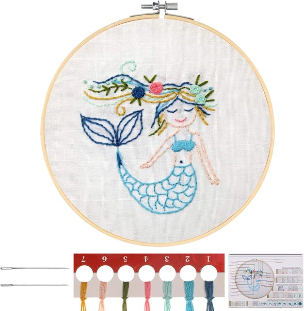 MWOOT Kids Embroidery Kit with Cute Mermaid Pattern, Cross Stitch Stamped Embroidery Kit for Children Beginner Starter