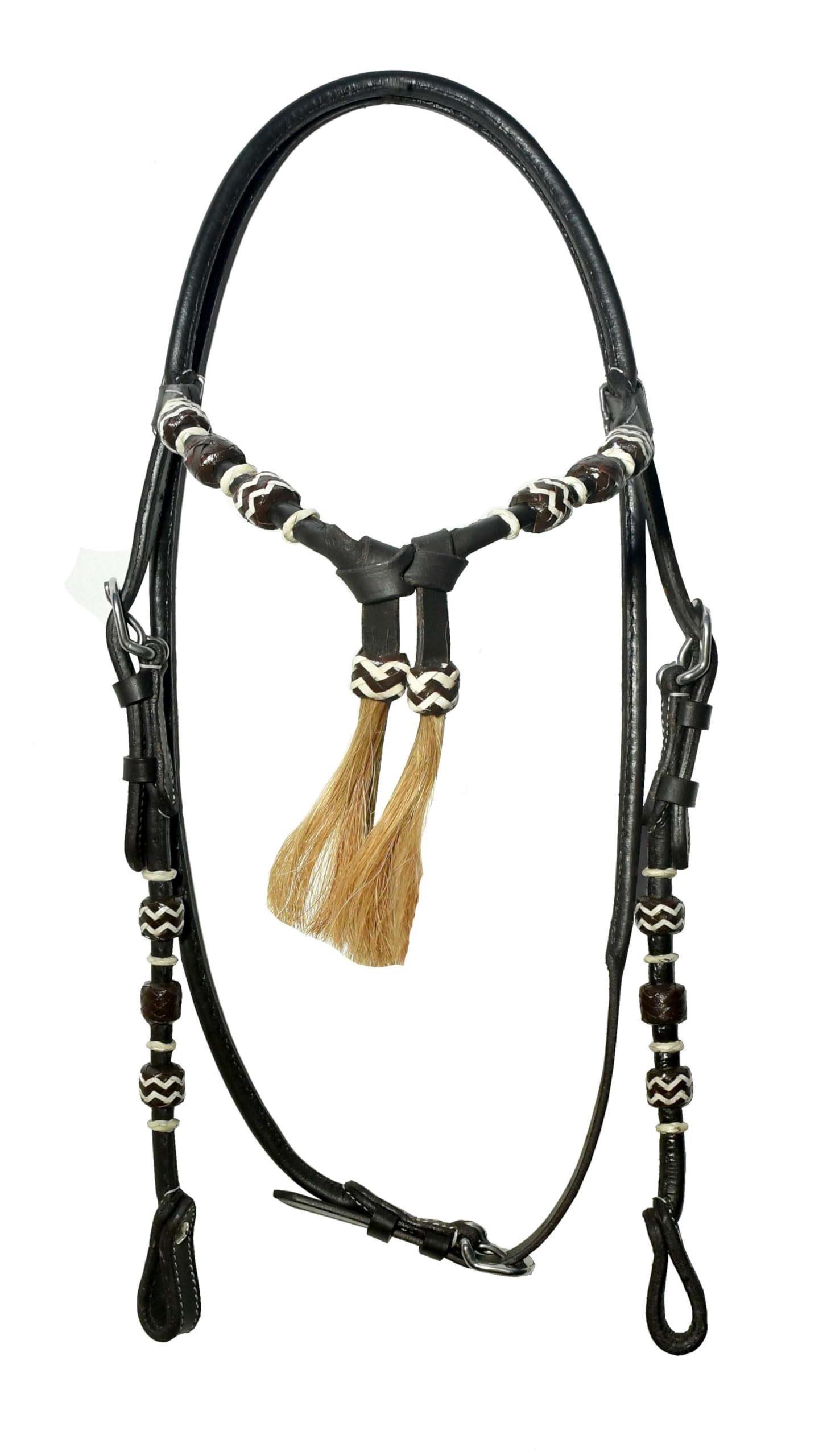 WeavingCraft Rolled Leather Western Headstall Bridle|Futurity Knot Browband|Natural Hair Tassels (Brown)