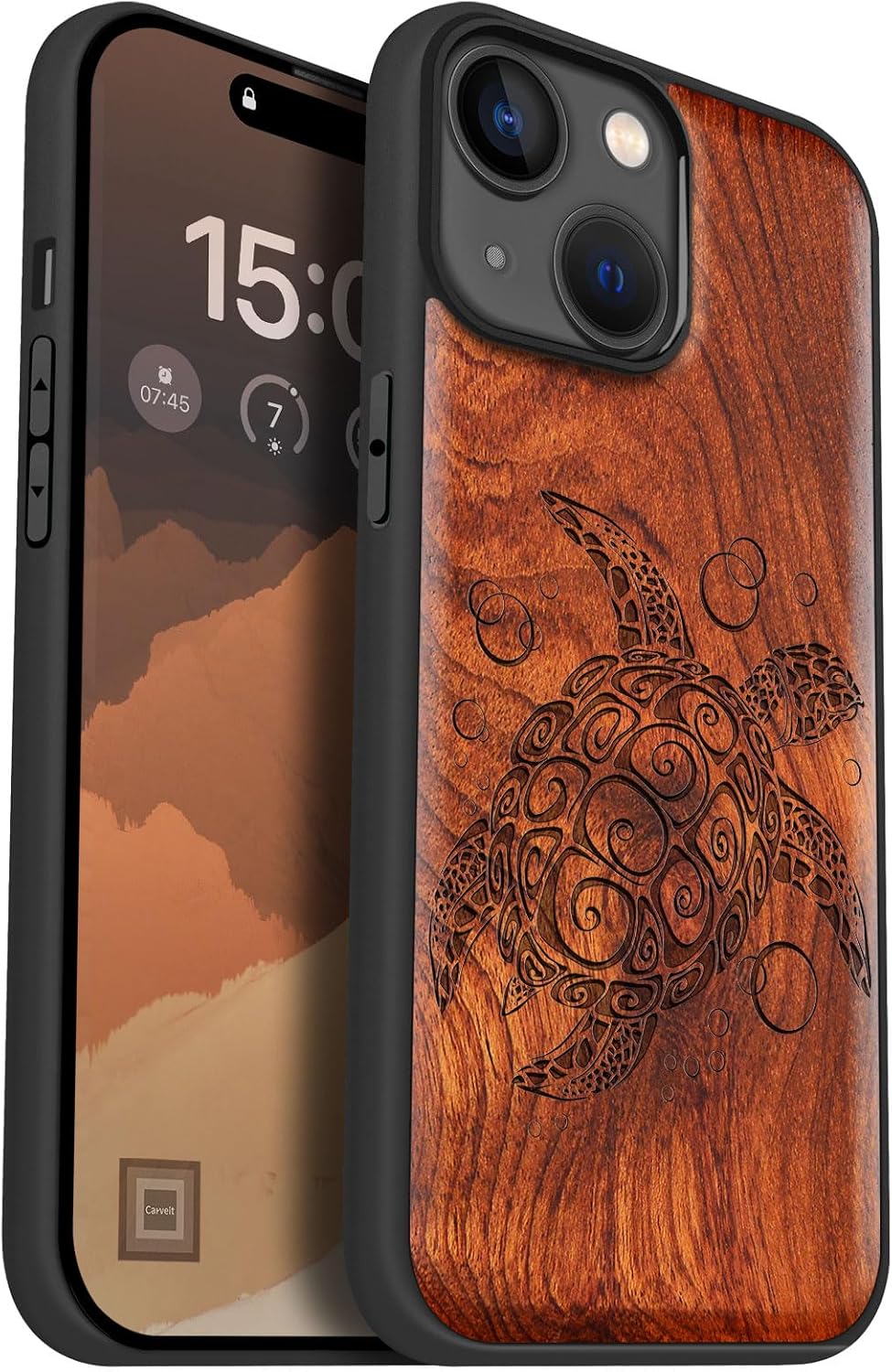 Carveit Magnetic Wooden Case for iPhone 15 Case, Compatible with MagSafe Wireless Chargers, Black Soft TPU Shockproof Cover & Wood Artisan Engraved (Sea Turtle) - Rosy